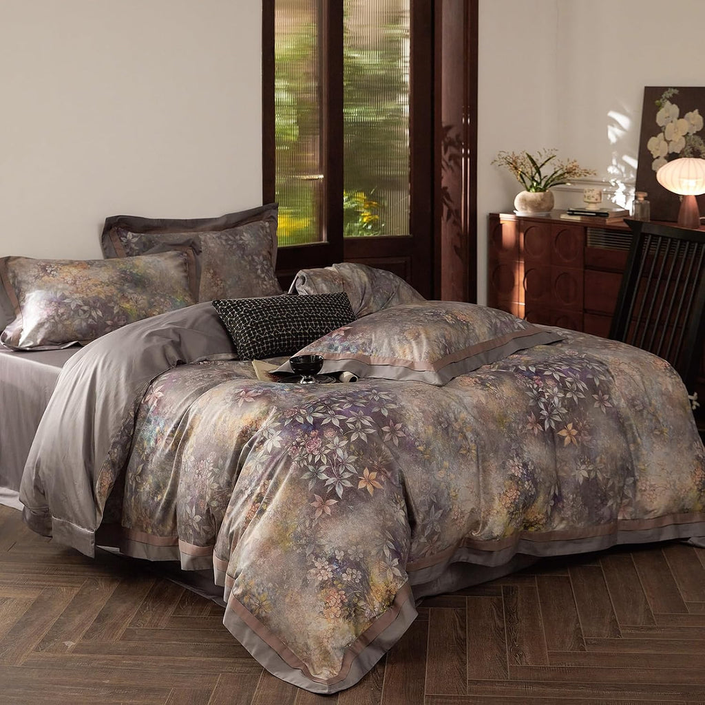 mixinni Vintage Floral Duvet Cover Set - Queen Size, 100% Long Staple Cotton Percale, Reversible Purple Floral Bedding Set with Zipper Clos…