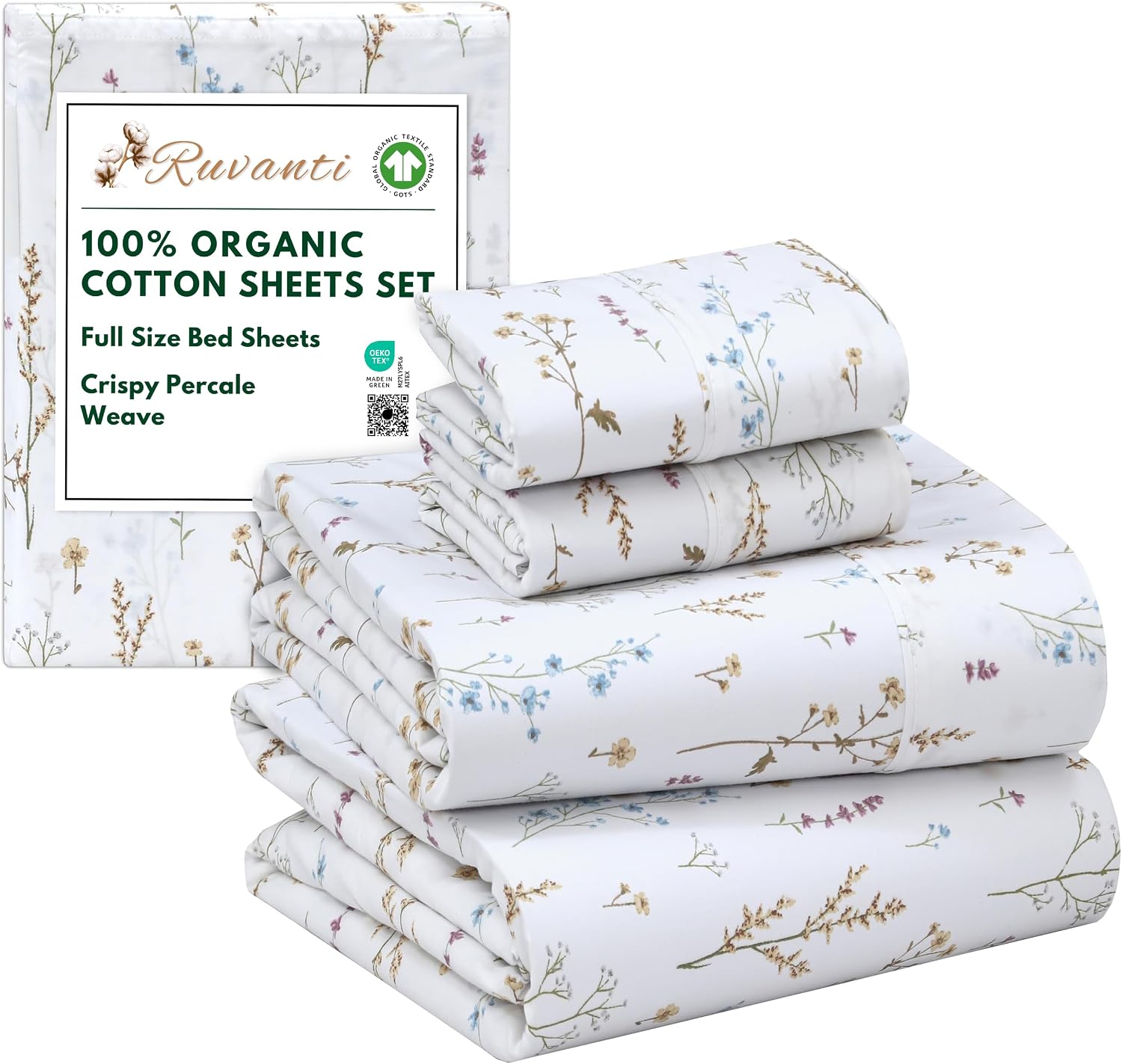 Ruvanti 100% Cotton Organic Percale Sheets Full Size – Crisp Cooling Bed Sheets for Hot Sleepers, Deep Pocket 15”, Soft Peach Finish, Breat…
