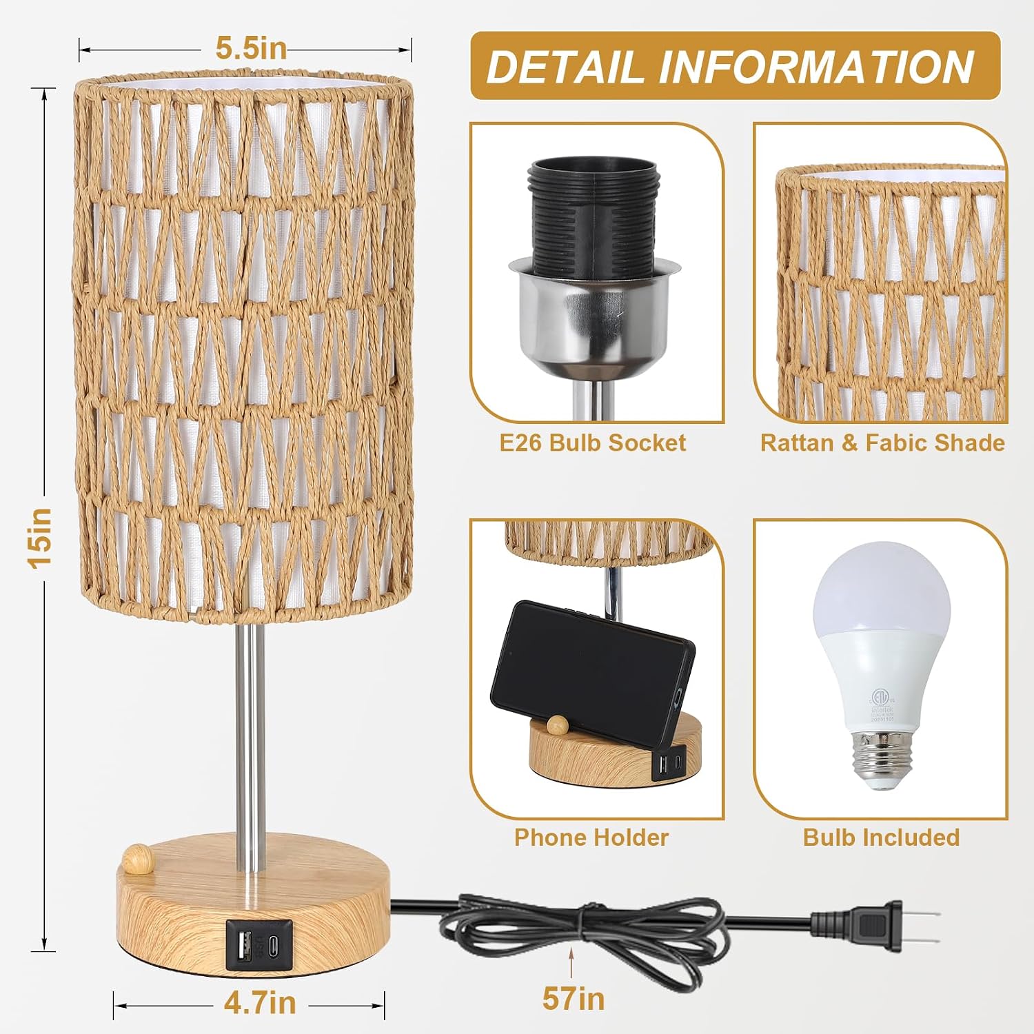 Bedside Lamps Set of 2 with Bulb, Touch Control Nightstand Lamp for Bedroom with Rattan & Linen Shade, 3 Way Dimmable Small Boho Table…