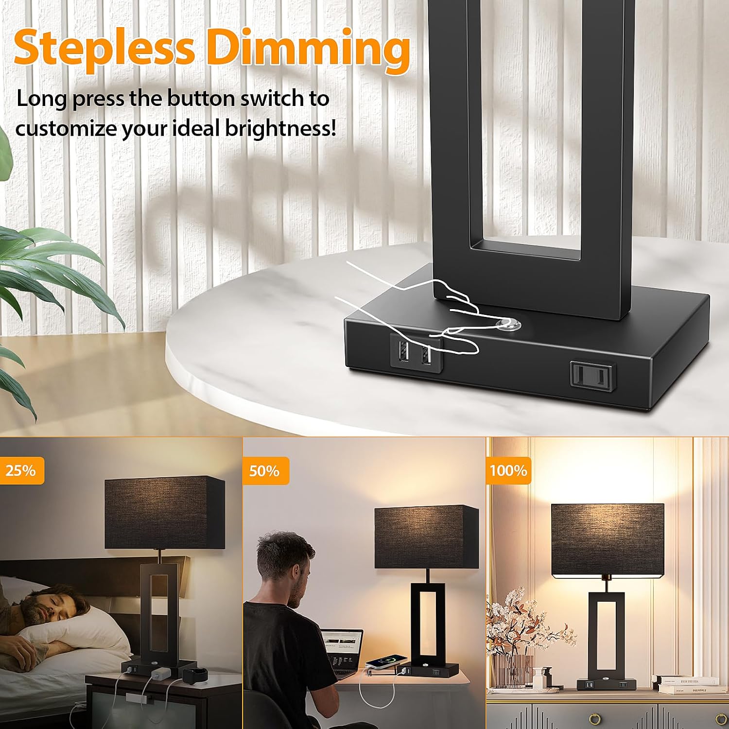 3 Color Temperatures Black Table Lamps for Bedrooms Set of 2, 22’’ Touch Control Bedside Nightstand Lamps with 2 USB Ports & AC Outlet…