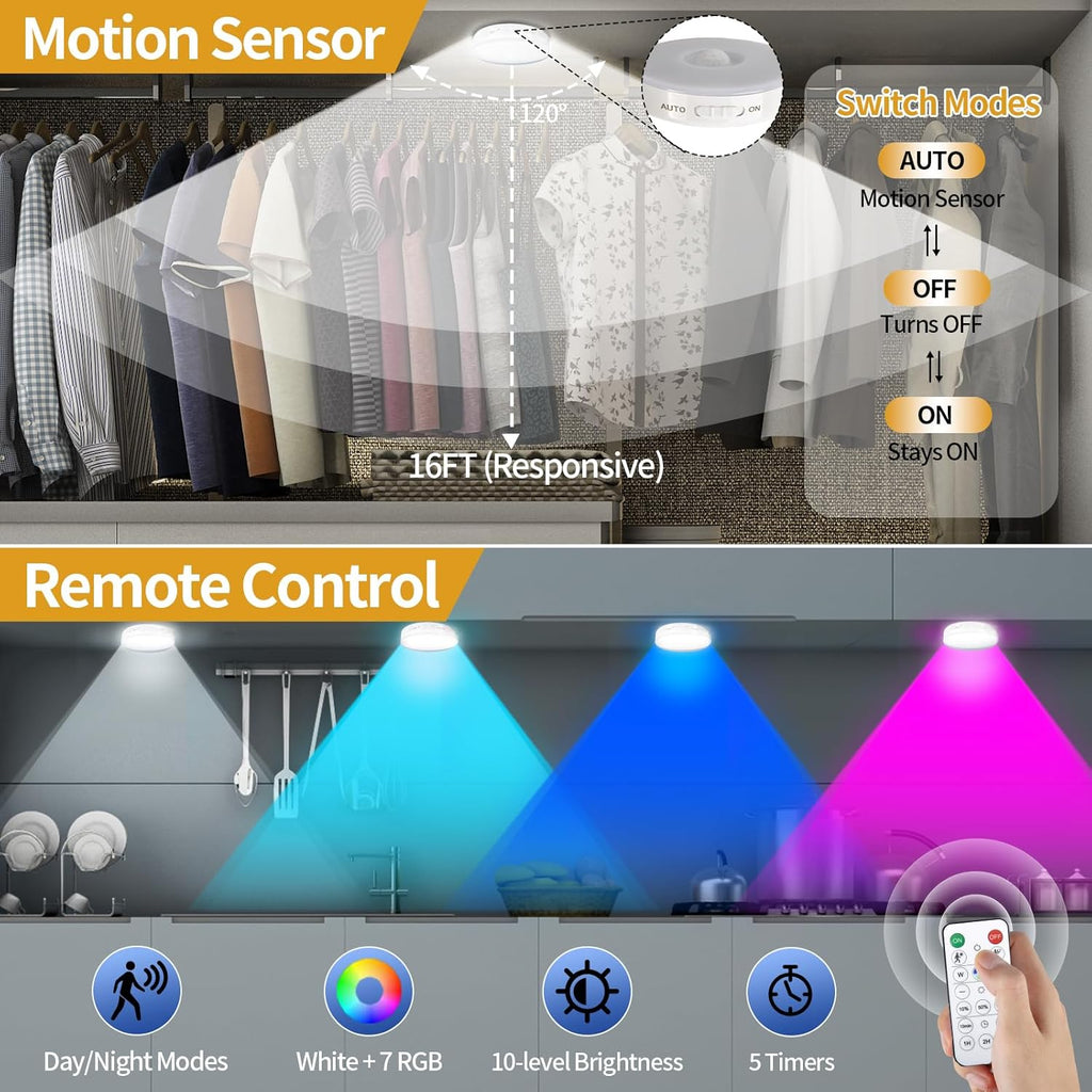 RGB LED Rechargeable Motion Sensor Night Light with Remote, Bright & Dimmable & Long-Lasting Battery, Stick-On Puck Light for Kitchen…