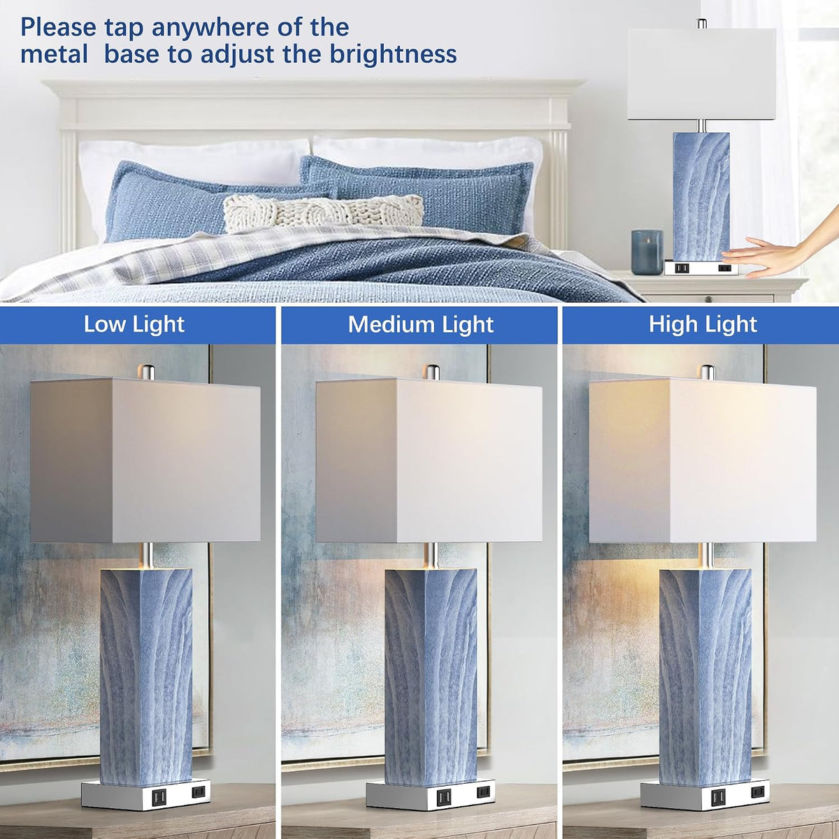Touch Control Table Lamps with White Fabric Shade Set of 2, 3-Way Dimmable Modern Ceramic Blue Nightstand Bedside Lamp with 2 USB Ports 1…