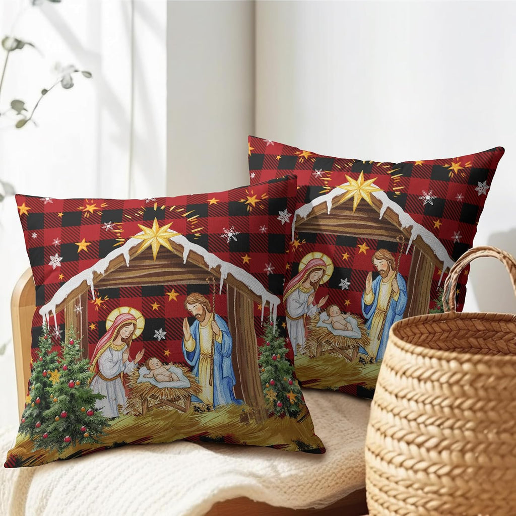 Jesus Nativity Throw Pillow Cover 18x18 Inch Set of 2 Xmas Red Buffalo Plaid Pillow Case Christma O Holy Night Winter Holiday Cushion…