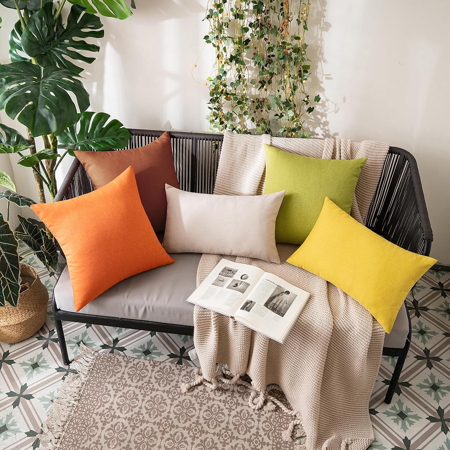 Miulee Pack of 2 Decorative Outdoor Solid Waterproof Throw Pillow Covers Faux Linen Garden Farmhouse Cushion Cases for Summer Patio Tent Ba…