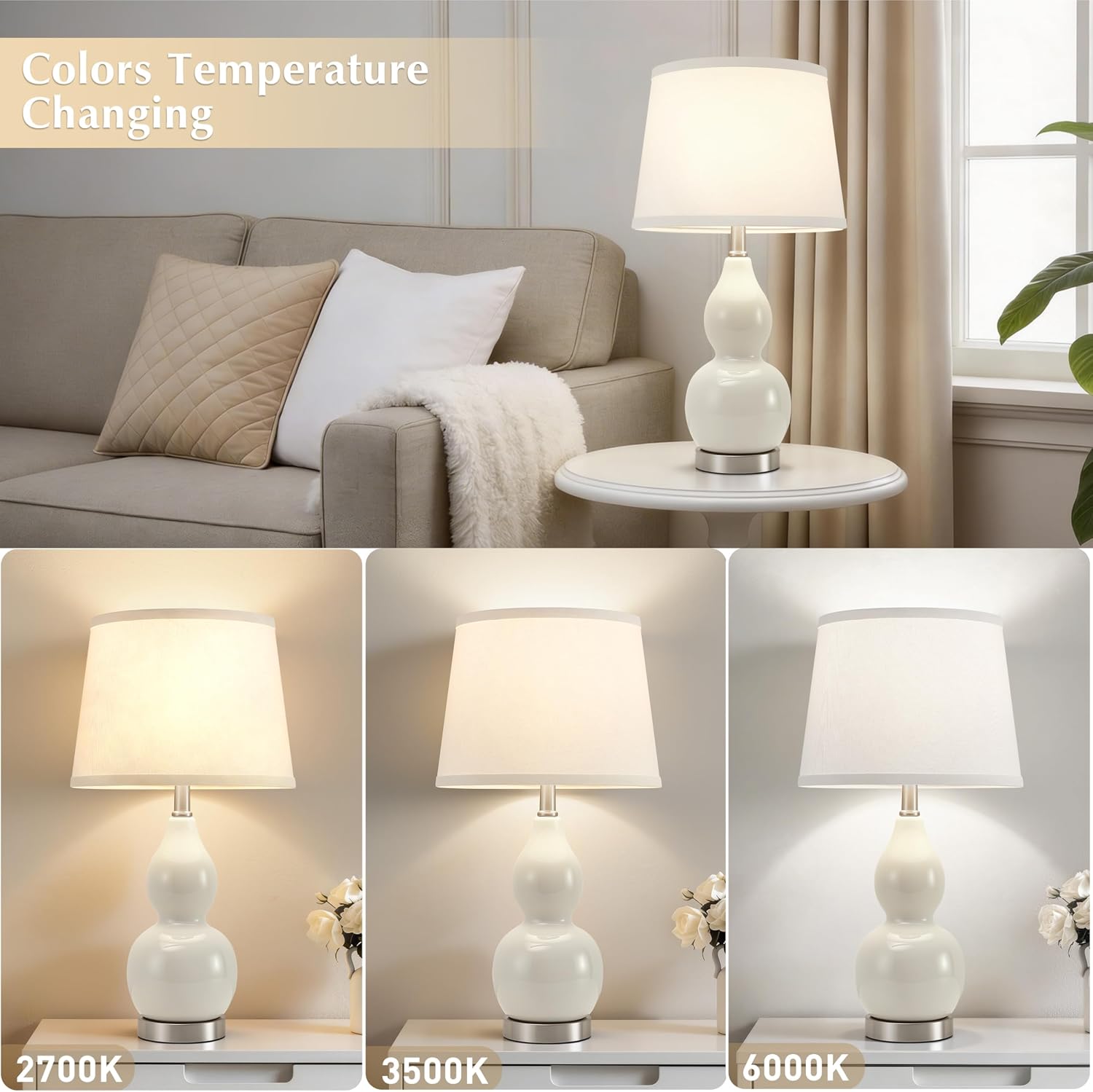 WelcomeGyroVu GyroVu 22" Table Lamp Set of 2, Color Temperature Adjustable Double Gourd Ceramic Lamps Classic Nightstand Table Lamps for Be…