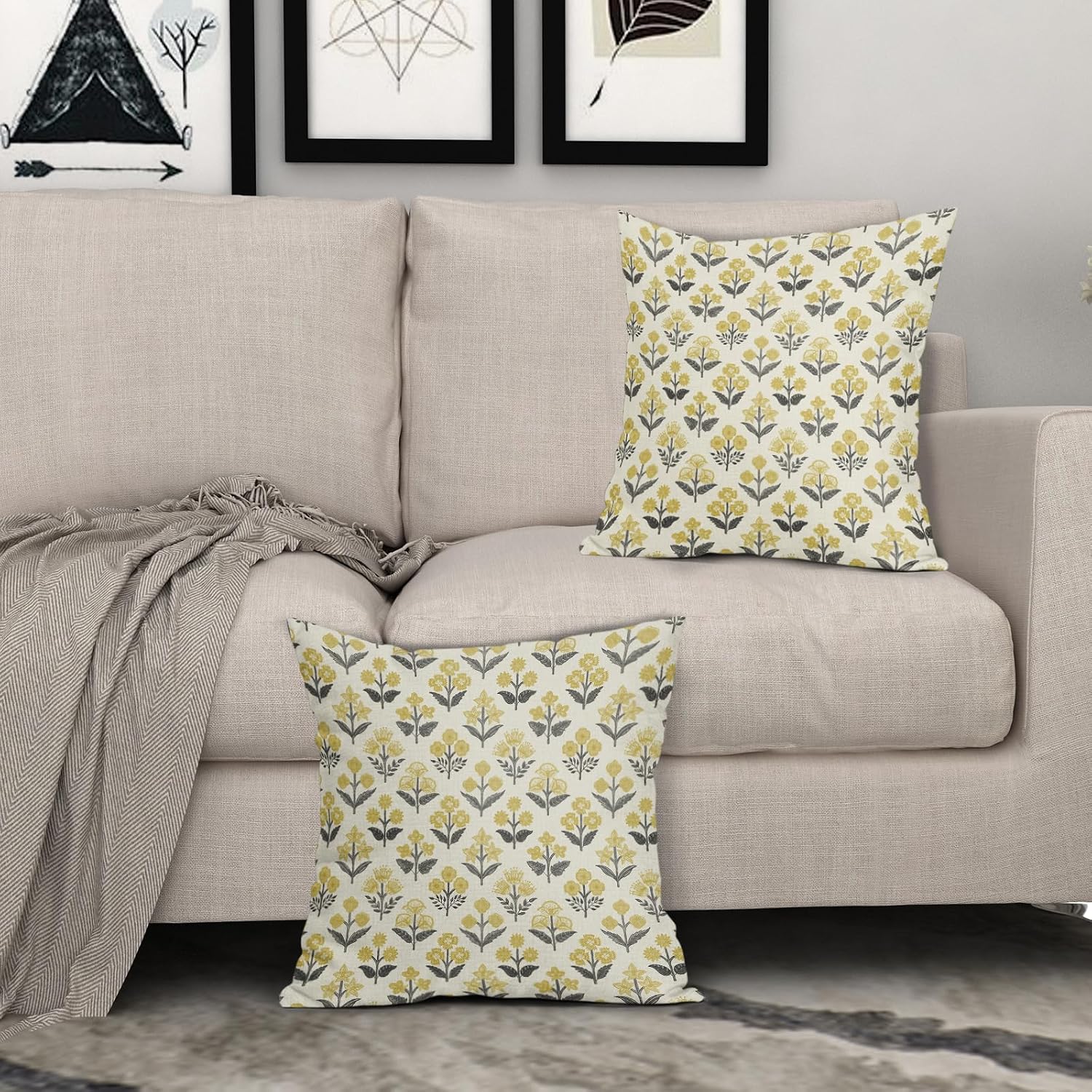 Black Yellow Floral Pillow Covers 24x24 Inch Set of 2, Vintage Flower Block Print Spring Summer Decorative Throw Pillowcases Outdoor…