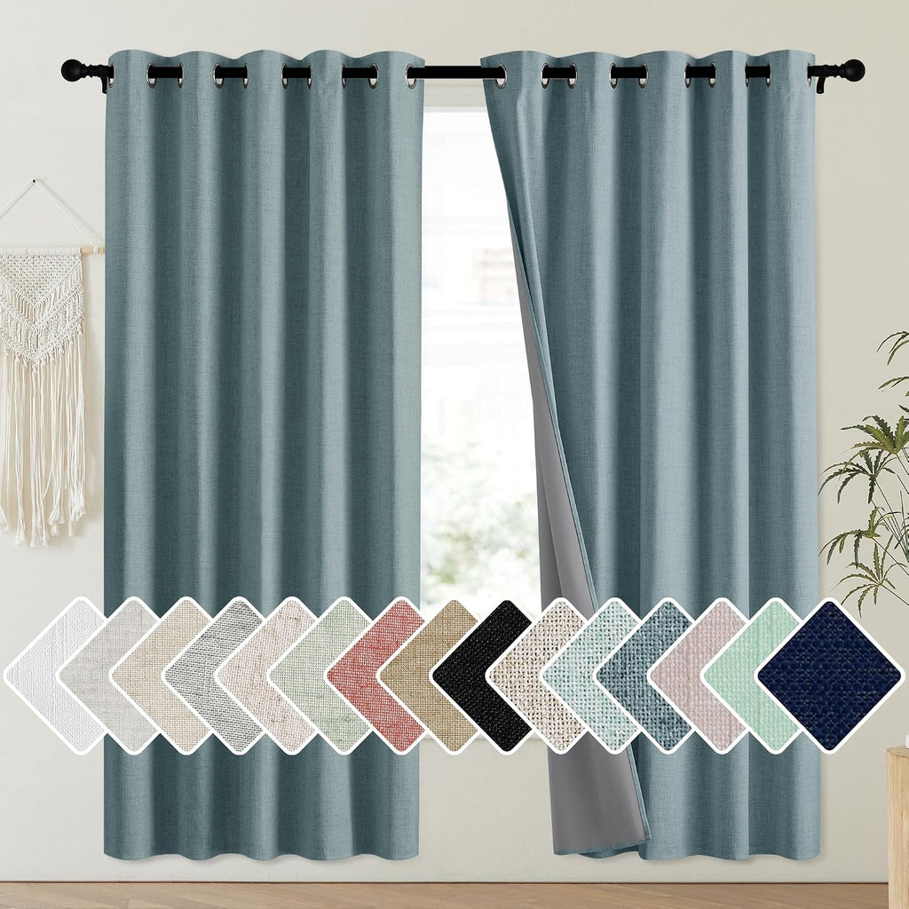 NICETOWN 100% Absolutely Blackout Linen Curtains with Thermal Insulated Liner, Skylark Blue, 62" Wide, 72" Length Energy Saving Curtains…