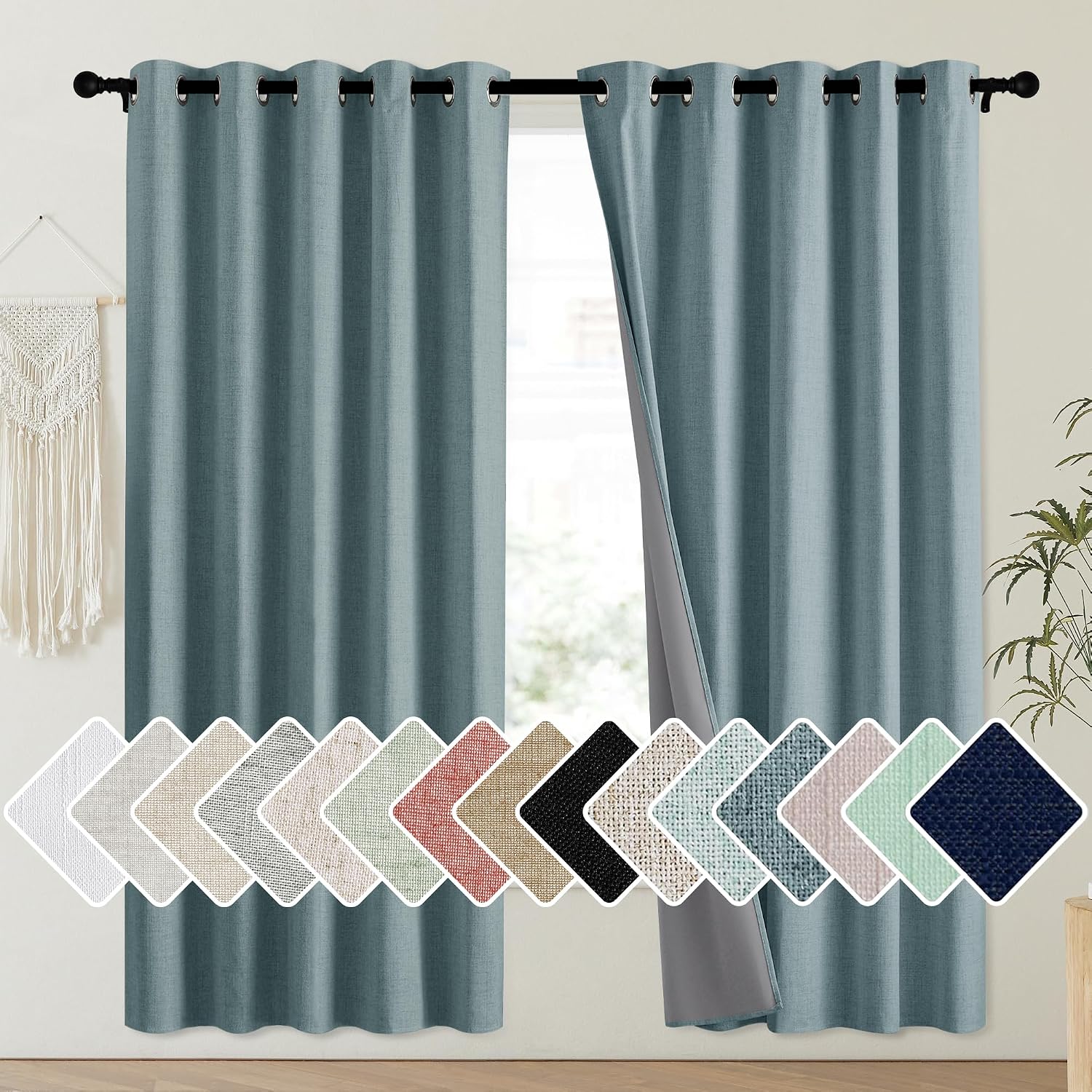 NICETOWN 100% Absolutely Blackout Linen Curtains with Thermal Insulated Liner, Skylark Blue, 62" Wide, 72" Length Energy Saving Curtains…