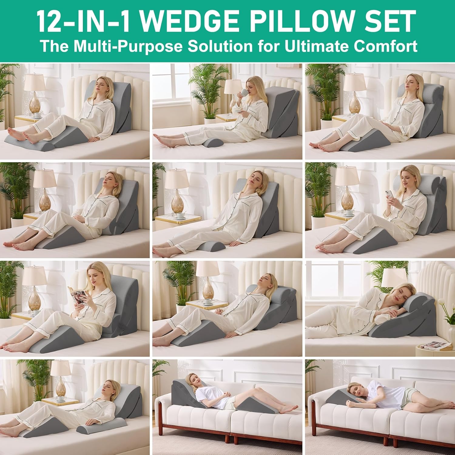 BambulexForaBetterLife 4PCS Wedge Pillow Set for After Surgery, Orthopedic Bed Wedge Pillow for Back, Sitting Up in Bed, Acid Reflux, Adju…