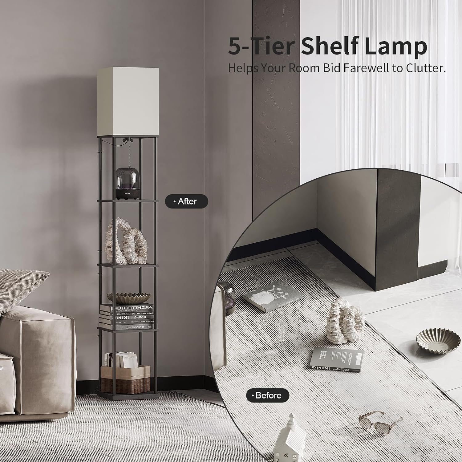 SUNMORY 5 Tier Floor Lamp with Shelves, Modern Square Standing Lamp with 3 Color Temperature Bulb, Corner Display Bookshelf Lamp for…