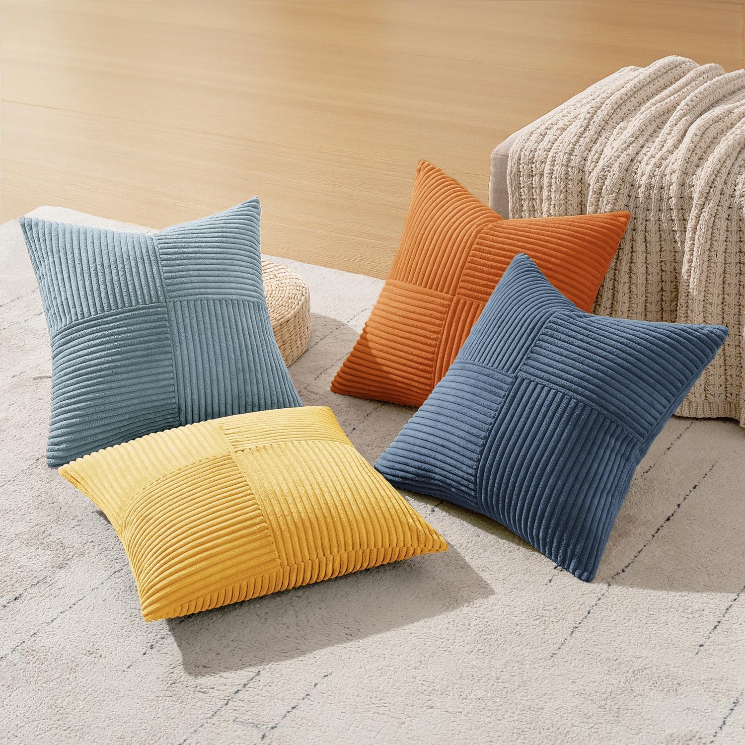 Miulee Summer Yellow Blue Decorative Throw Pillow Covers 18x18 Inch Set of 4 Soft Corduroy Boho Patchwork Pillow Covers Modern Farmhouse Br…
