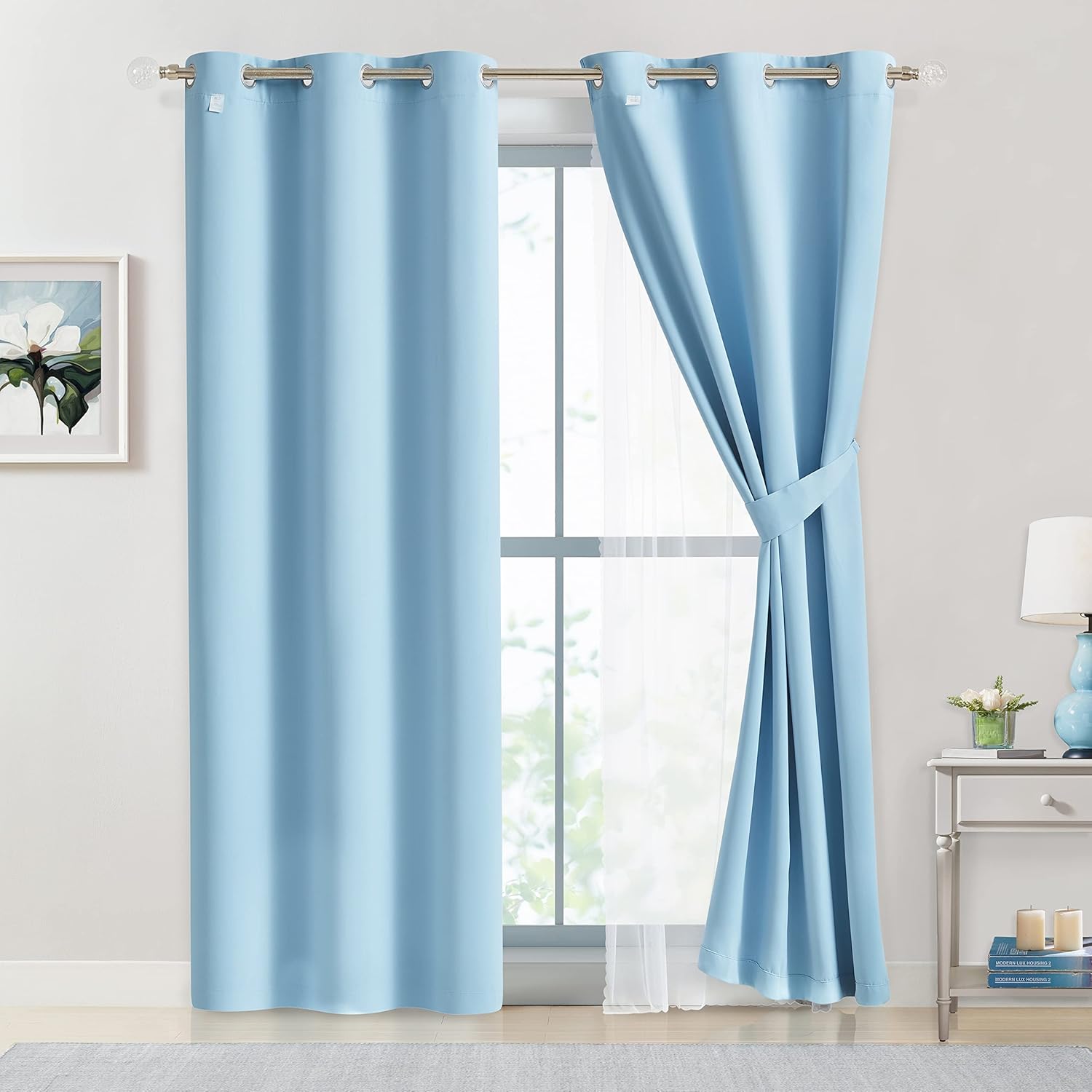 Bujasso Sky Blue 80% Blackout Curtains with Sheer Overlay Mix and Match Double Layer Thermal Insulated Window Panels 63 inch for Living Roo…