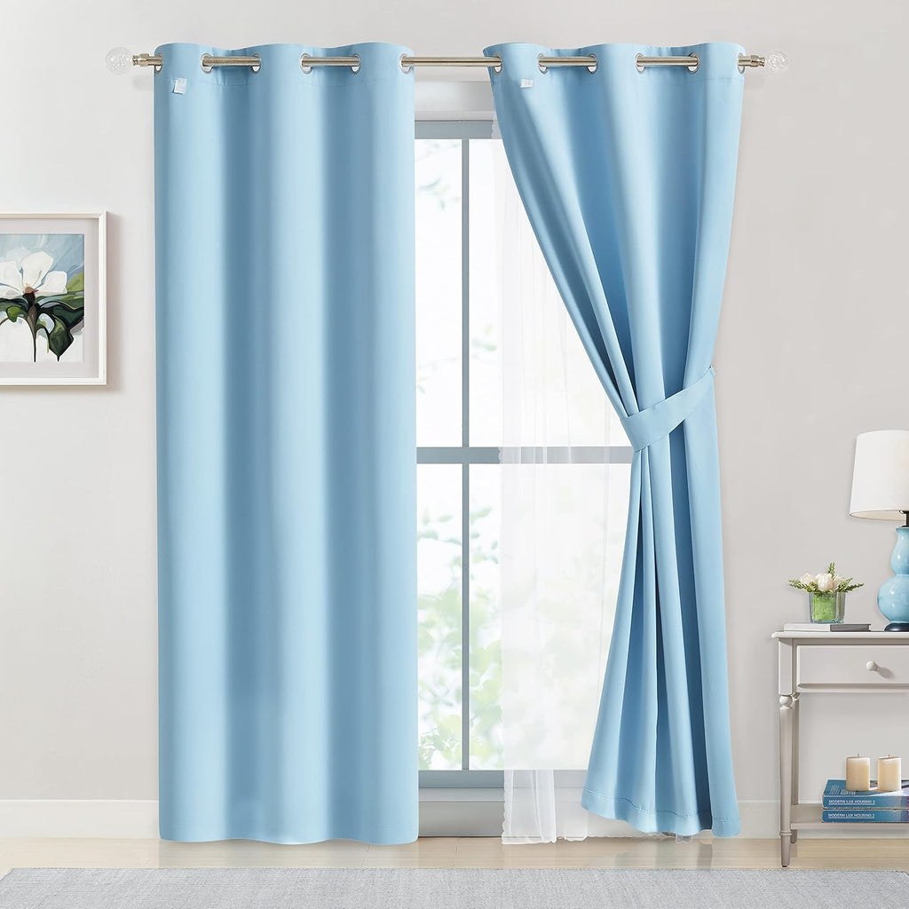 Bujasso Sky Blue 80% Blackout Curtains with Sheer Overlay Mix and Match Double Layer Thermal Insulated Window Panels 95 inch for Living Roo…