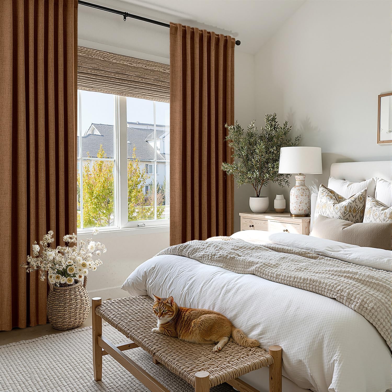 Miulee 100% Blackout Linen Curtains for Bedroom, Brown Solid Luxury Decor Thermal Insulation Room Darkening Drapes for Living Room Nursery…