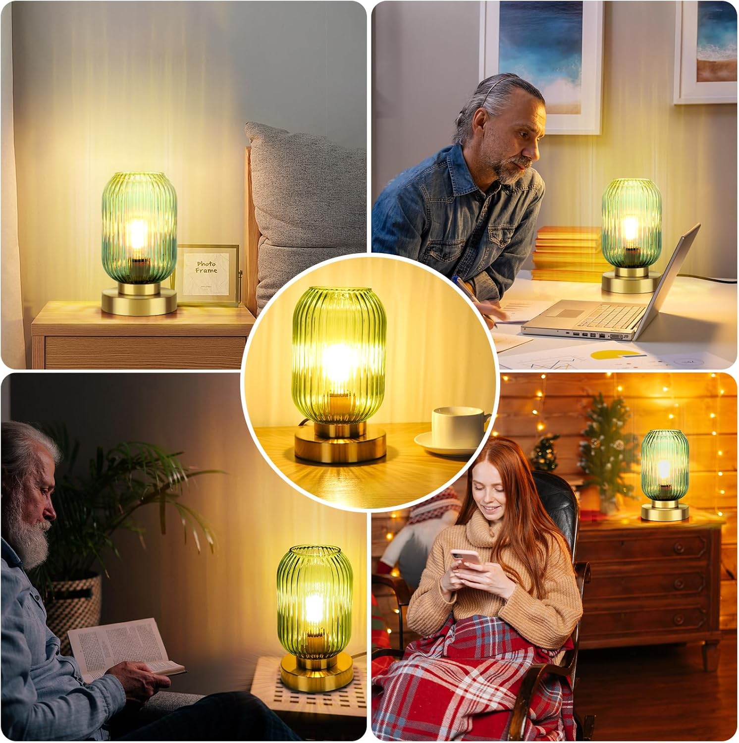 Mid Century Modern Table Lamp, Touch Control & 3 Way Dimmable, Green Ribbed Glass Shade, Small Gold, Vintage Bedside Lamp for Bedroom…