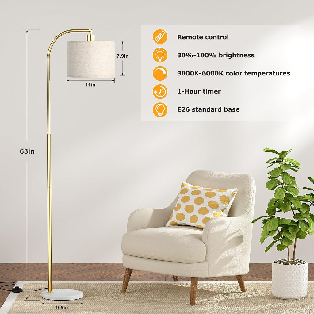 Ambimall Arc Floor Lamp with Remote and Stepless Dimmable Bulb, Colors Temperature & Brightness Adjustable, Gold Pole & Marble Base Gold
