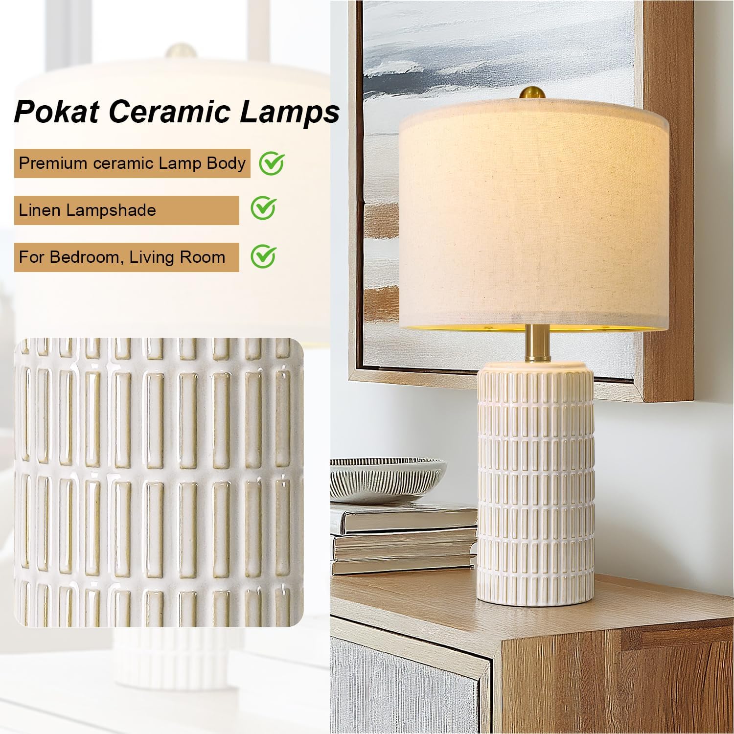 PoKat 20.75" Small Modern Ceramic Table Lamps Set of 2 for Bedroom, White Bedside Lamps for Night Stands, Farmhouse Desk House Warming…