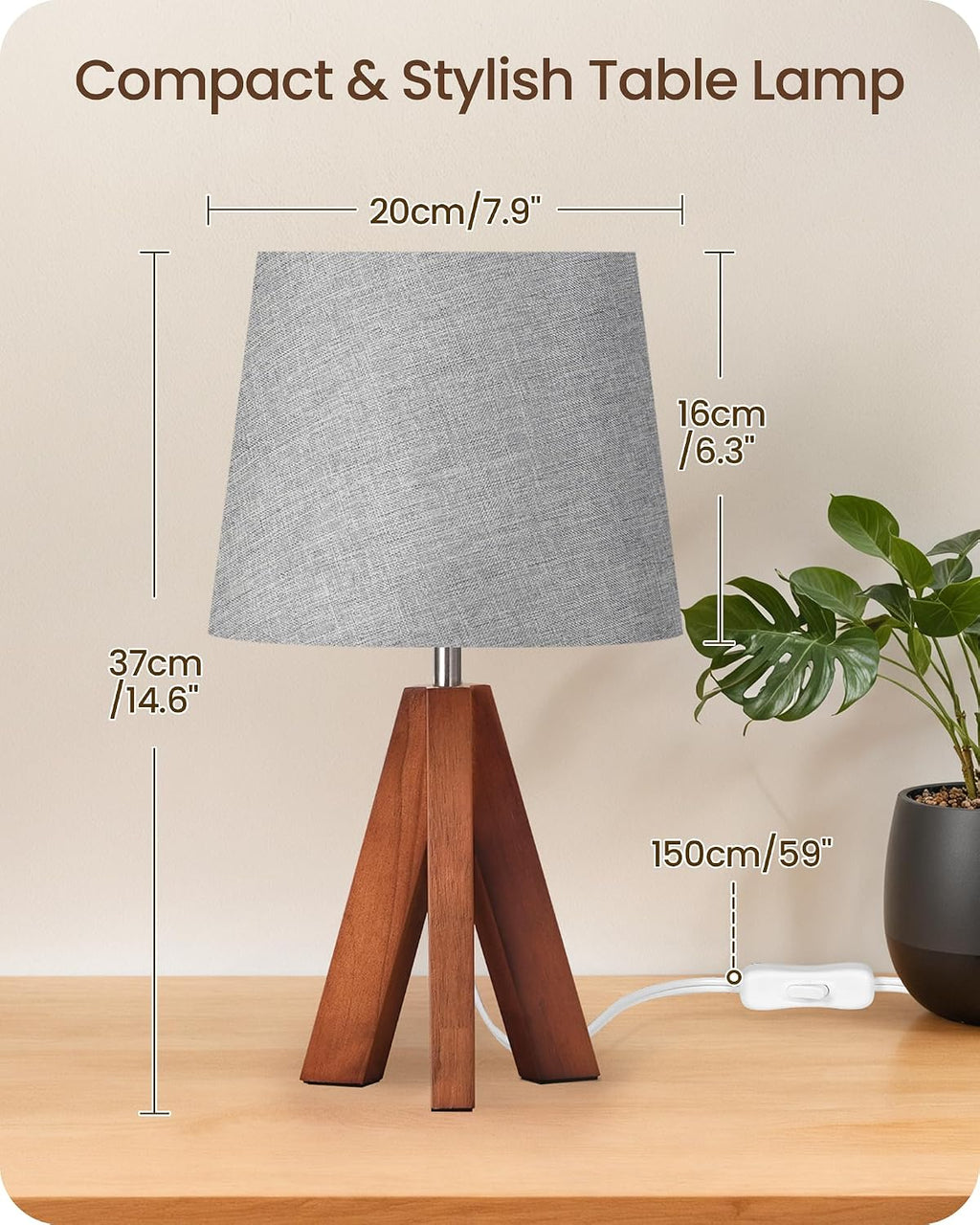 Tripod Table Lamp, 14.6" Small Bedside Lamp with Gray Linen Shade & Dark Wood Base, Modern Nightstand Lamp for Bedroom, Kids Room, Living…