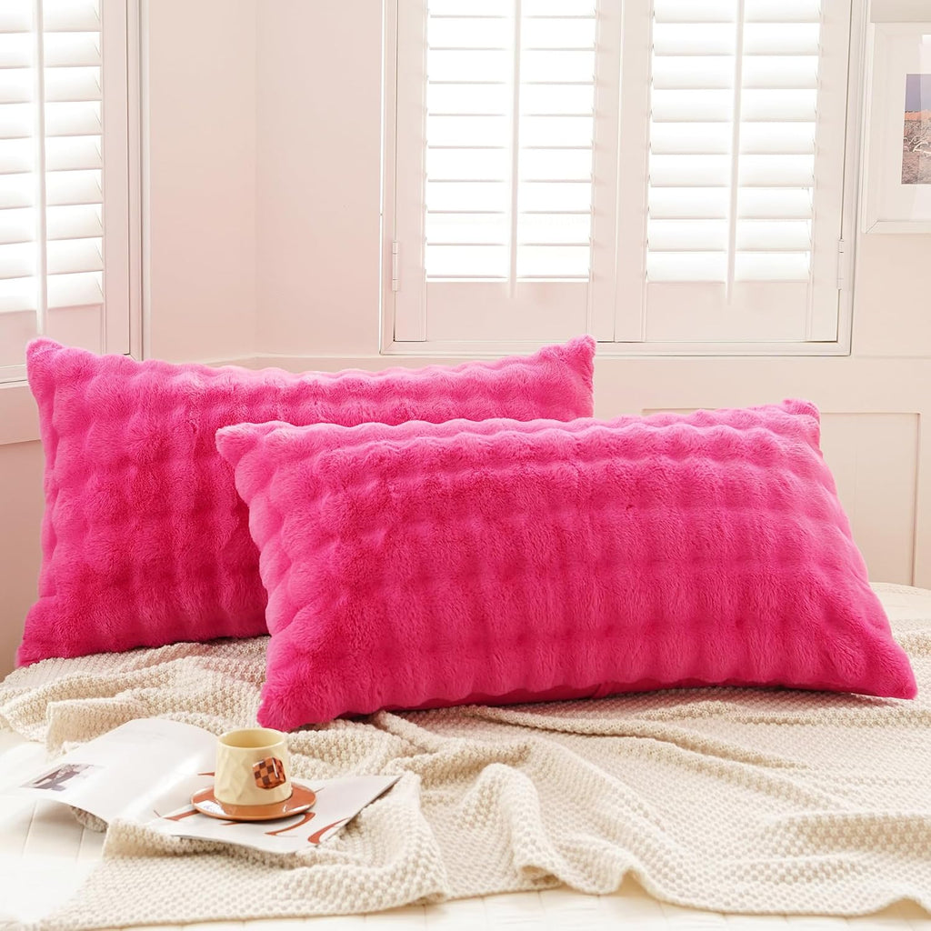 Uhamho Set of 2 Faux Fur Pillowcases, Luxury Bubble Waffle Carved Plush King Size Pillow Shams Soft and Furry, Zipper Closure (Hot Pink, 20…