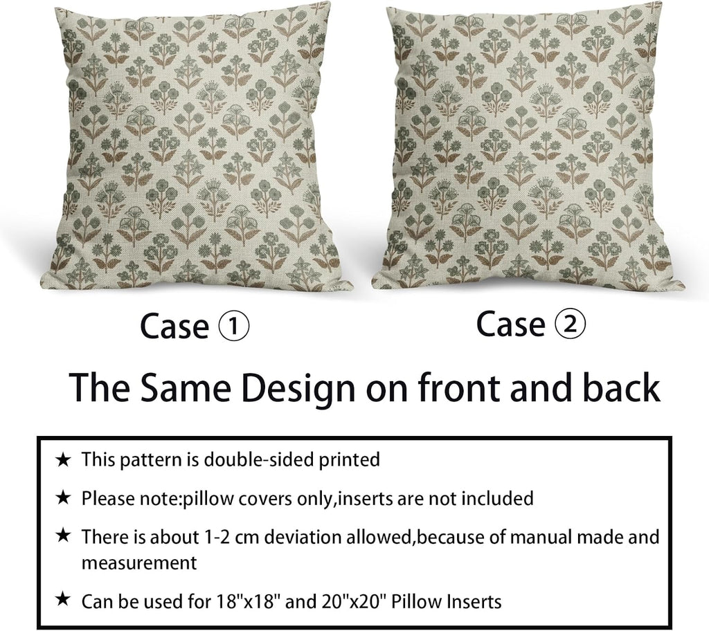 Brown Green Floral Pillow Covers 24x24 Inch Set of 2, Vintage Flower Block Print Pattern Decorative Throw Pillowcases Outdoor Farmhouse…