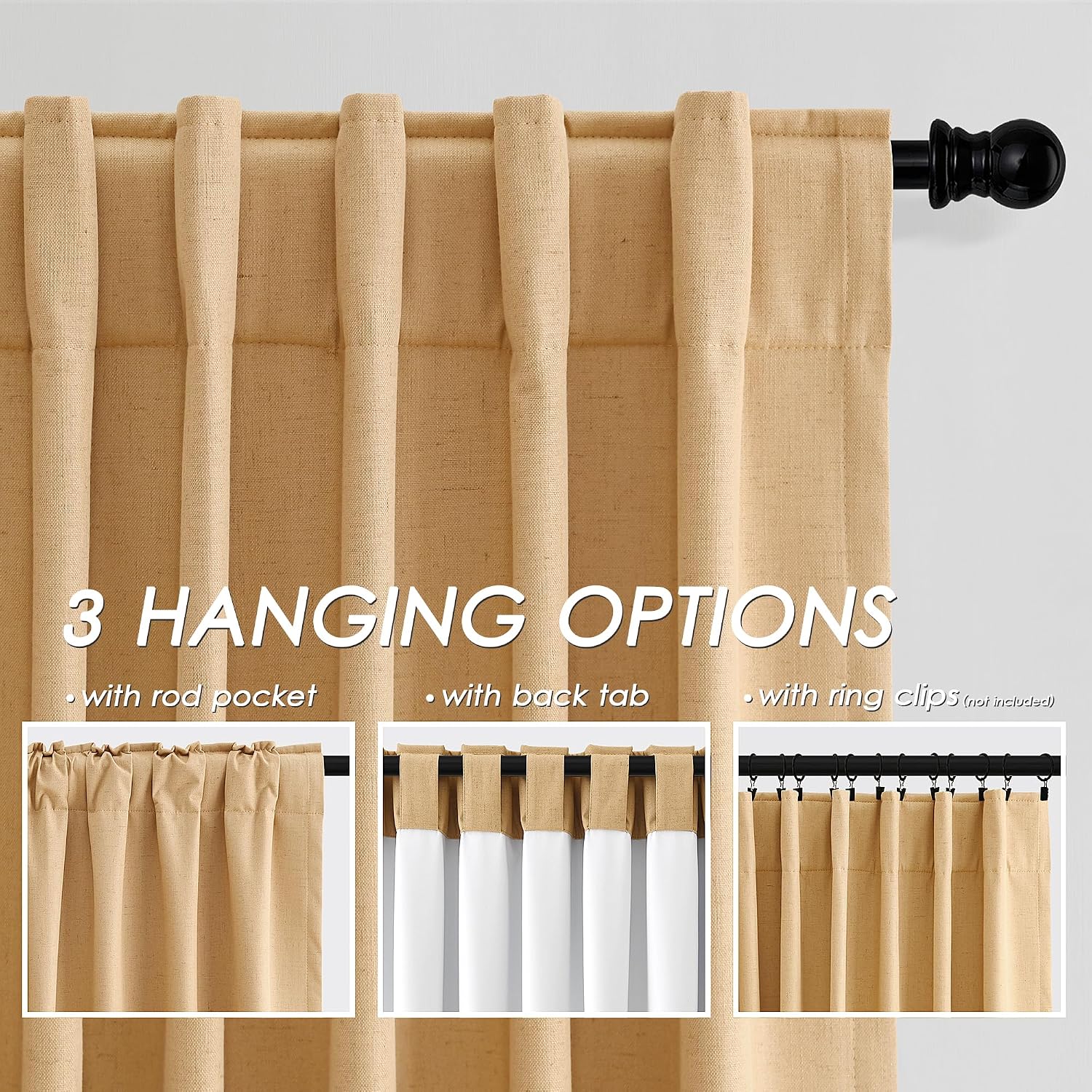 Nanspring Camel 100% Blackout Linen Curtains for Bedroom 96 Inches Long Back Tab Rod Pocket Thermal Insulated Vintage Modern Black Black Ou…