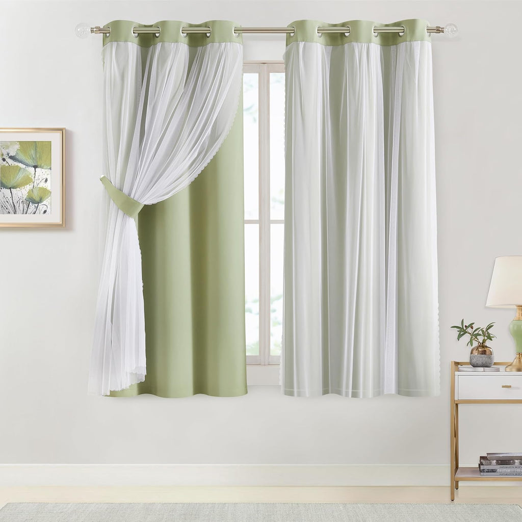 Bujasso Sage Green 90% Blackout Curtains with Sheer Overlay Mix and Match Double Layer Thermal Insulated Window Panels 63 inch Living Room…