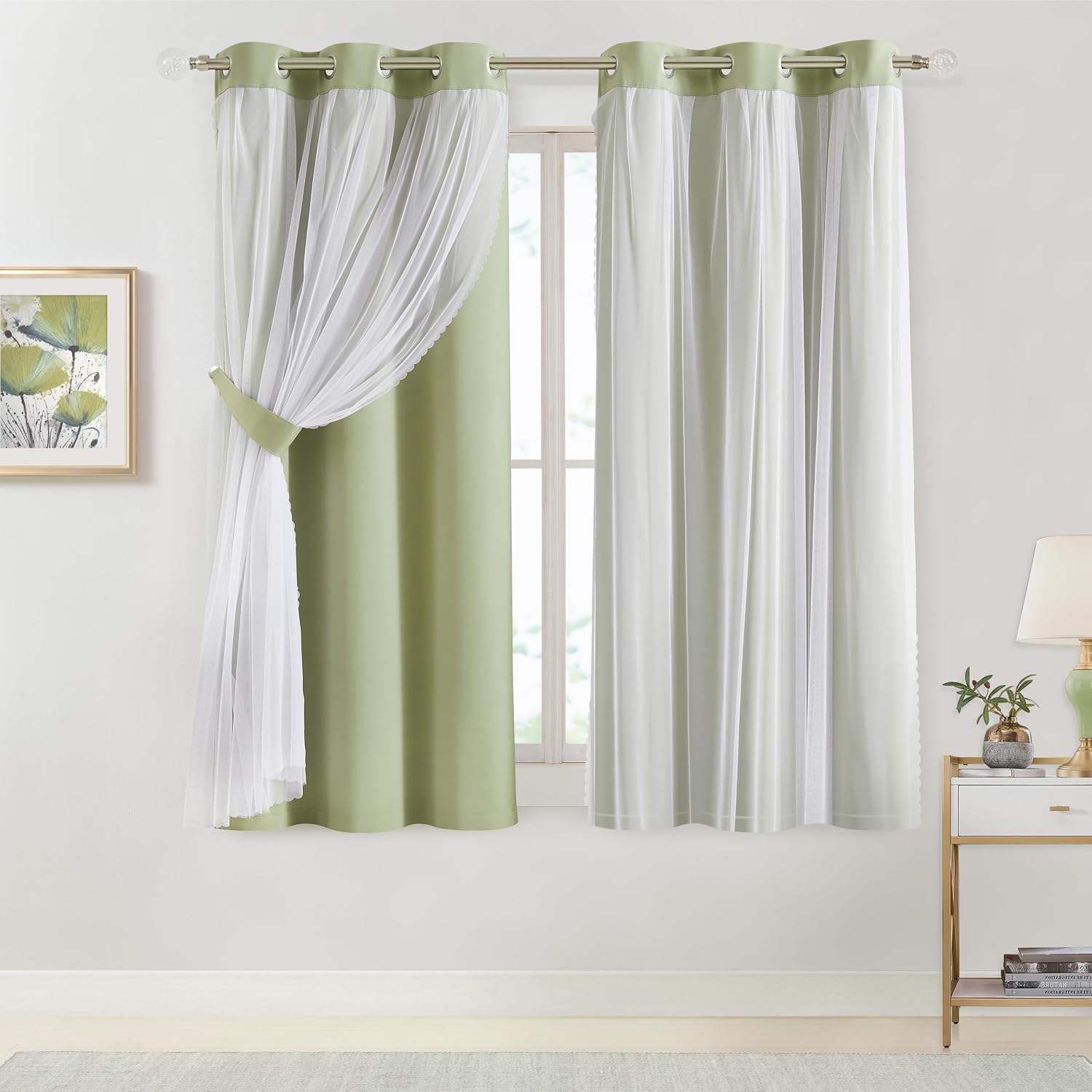Bujasso Sage Green 90% Blackout Curtains with Sheer Overlay Mix and Match Double Layer Thermal Insulated Window Panels 63 inch Living Room…