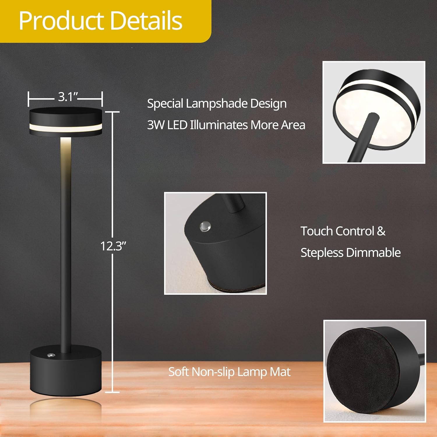 Cordless Table Lamp, Portable Rechargeable Bedside Lamp, Touch Stepless Dimmable Desk Lamp, for Home Bedroom Hotel Restaurant Bar…