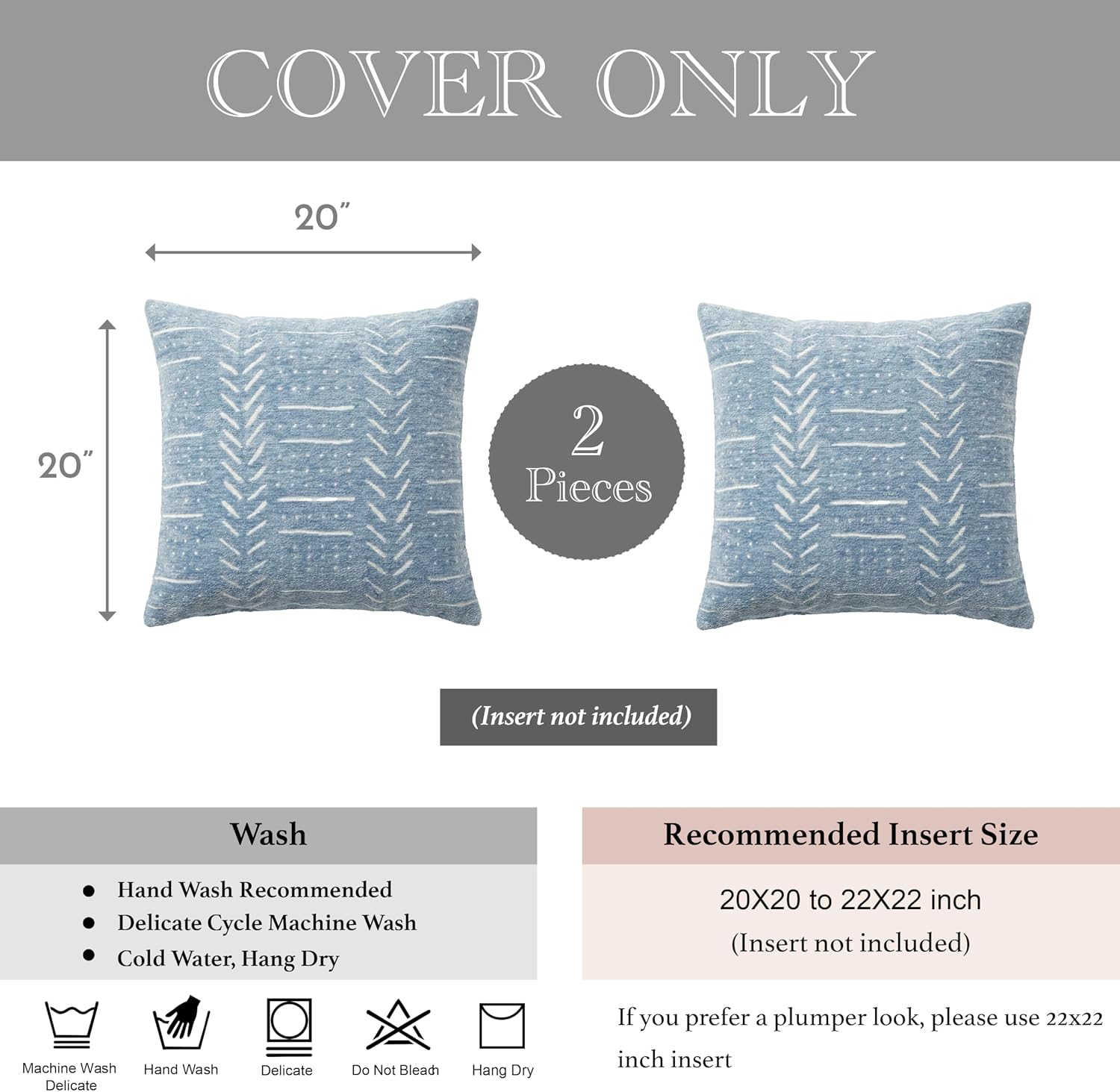 BlissBlush Coastal Blue Decorative Throw Pillow Covers 20x20 Set of 2, Soft Woven Chenille Accent Pillow Covers for Couch Sofa Bed…