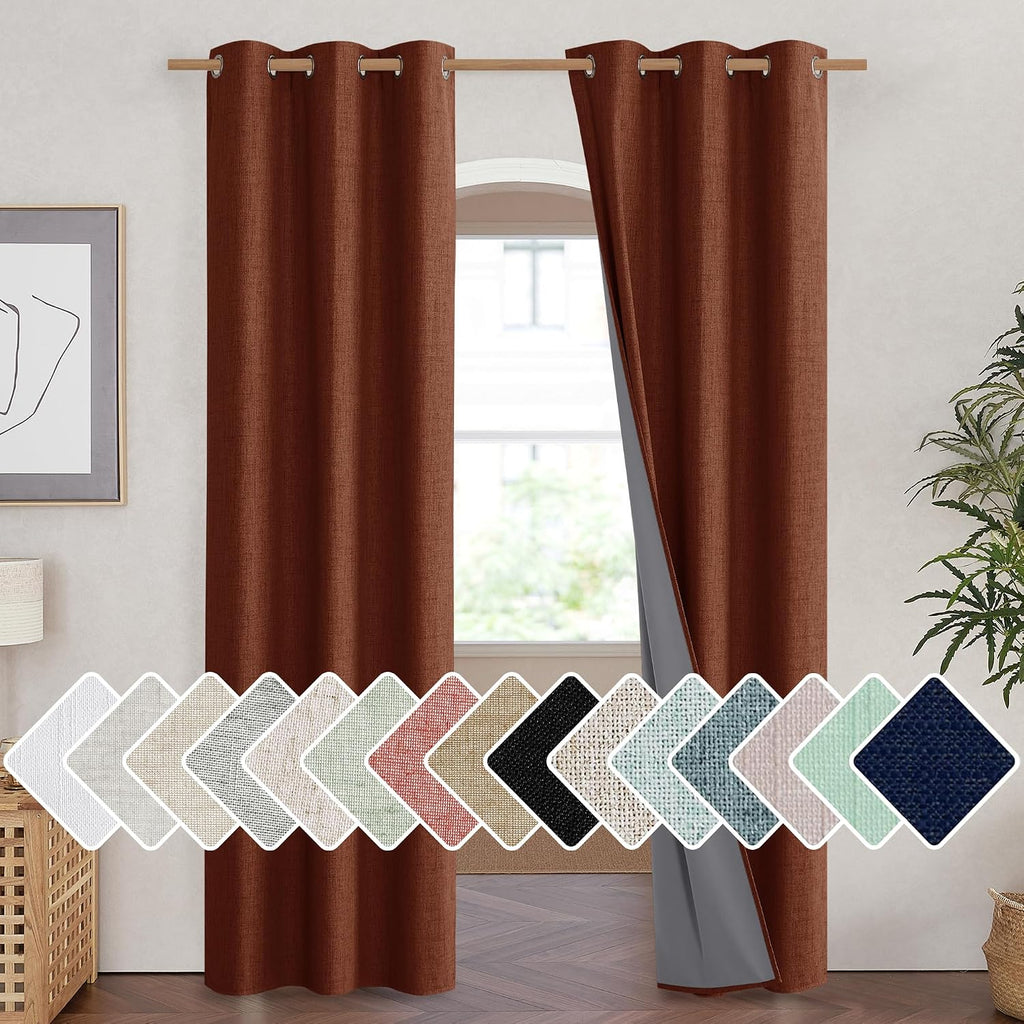 NICETOWN 100% Absolutely Blackout Linen Curtains with Thermal Insulated Liner, 42" Wide, 2 Panels, 84" Long Drapes, Grommet Retro Burnt…