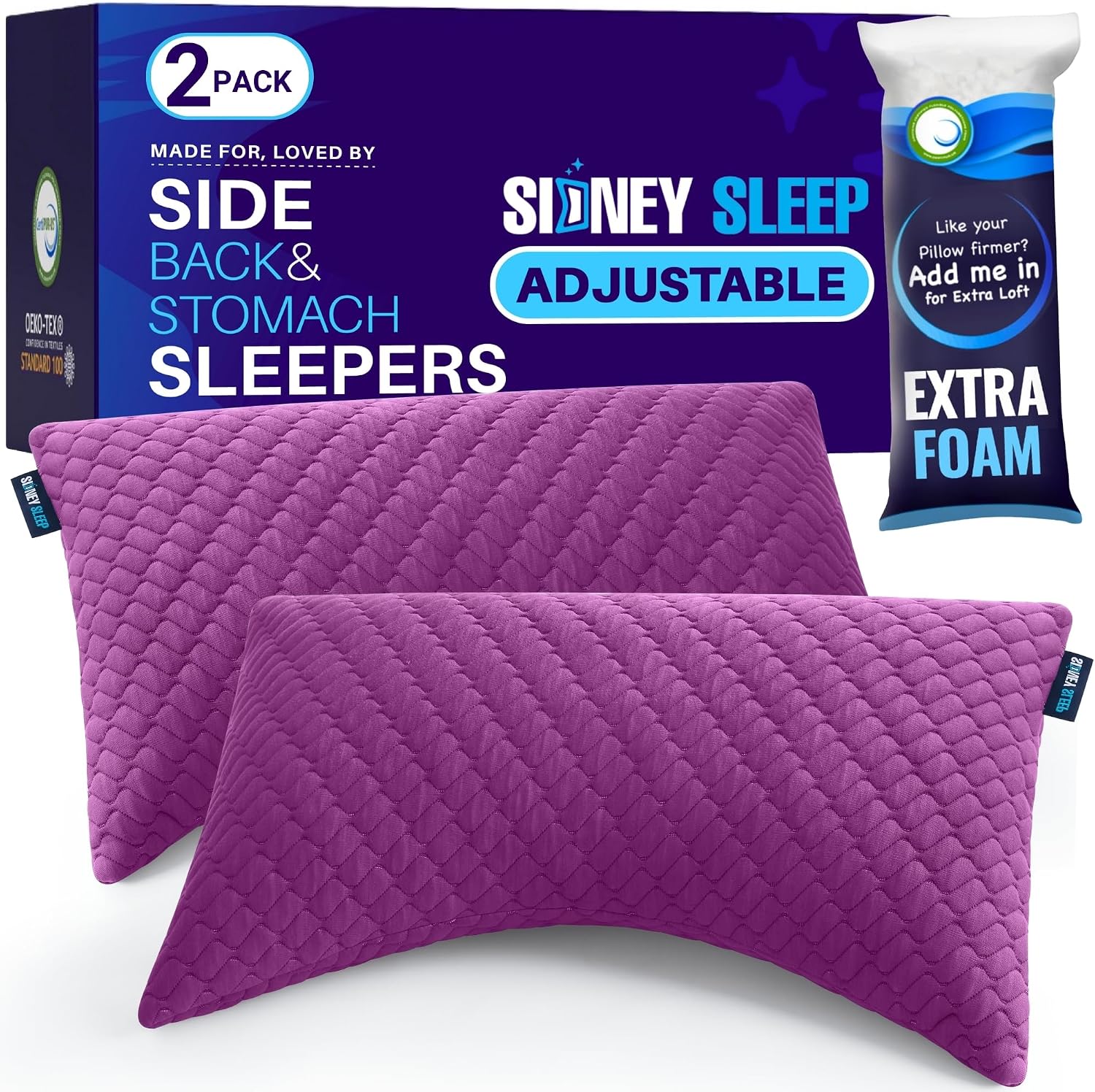 Sidney Sleep Set of 2 Queen Size Adjustable Bed Pillows for Side and Back Sleepers - Memory Foam Pillows for Neck and Shoulder Support…