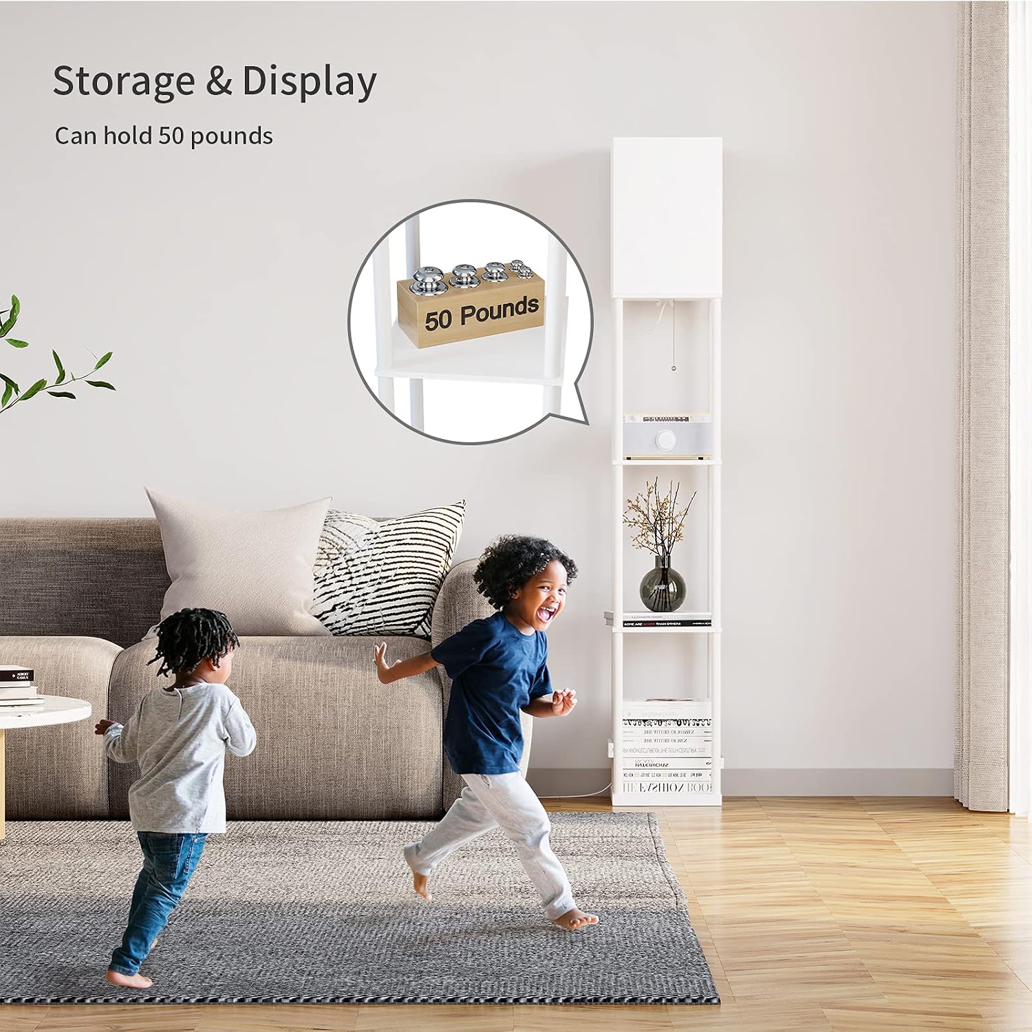 SUNMORY Floor Lamp with Shelves, Modern Square Standing Lamp with 3 Color Temperature Bulb, Corner Display Bookshelf Lamp for Living Room…