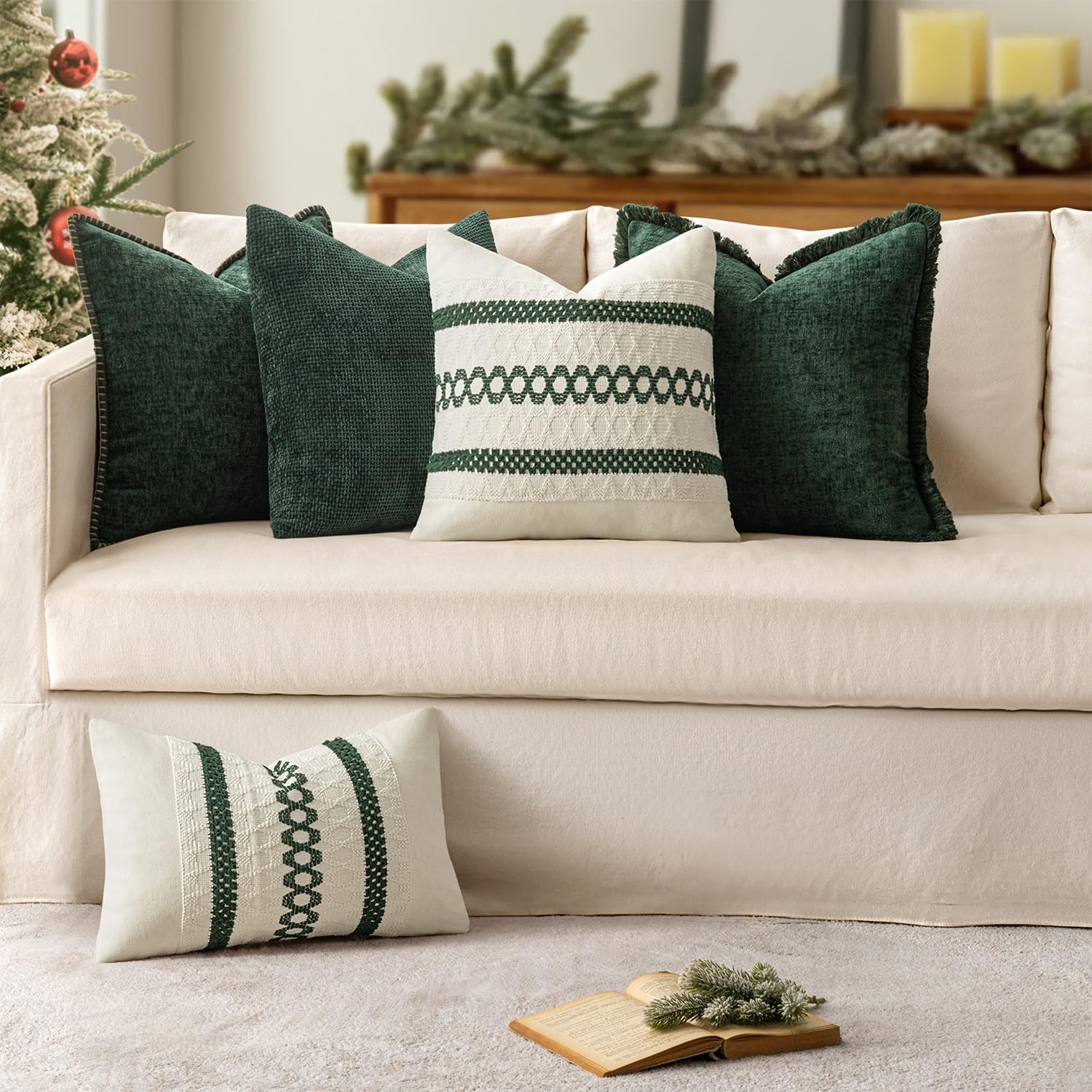 Miulee Pack of 2 Pillow Covers 18x18 Inch Dark Green Farmhouse Decorative Throw Pillow Covers with Stitched Edge Soft Chenille Solid Dyed C…