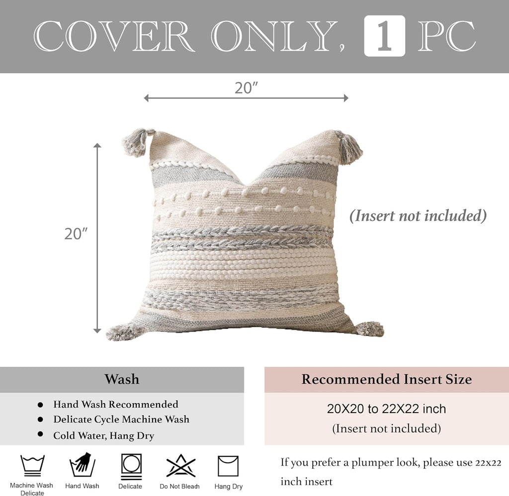 BlissBlush Gray Boho Decorative Throw Pillow Cover 20x20 Square Farmhouse Accent Cushion for Couch Sofa Livingroom Bedroom Pillowcase…