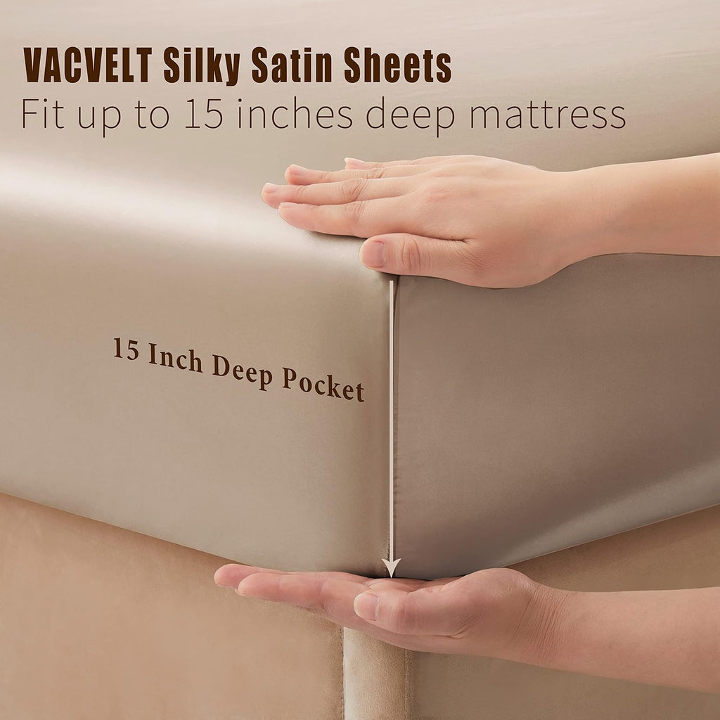 VACVELT 4pcs Beige Satin Sheets King Size Bed Set, 15 Inch Deep Pocket Silky Satin Sheet Set, Soft Satin Bedding Set Cooling & Luxury Bed…