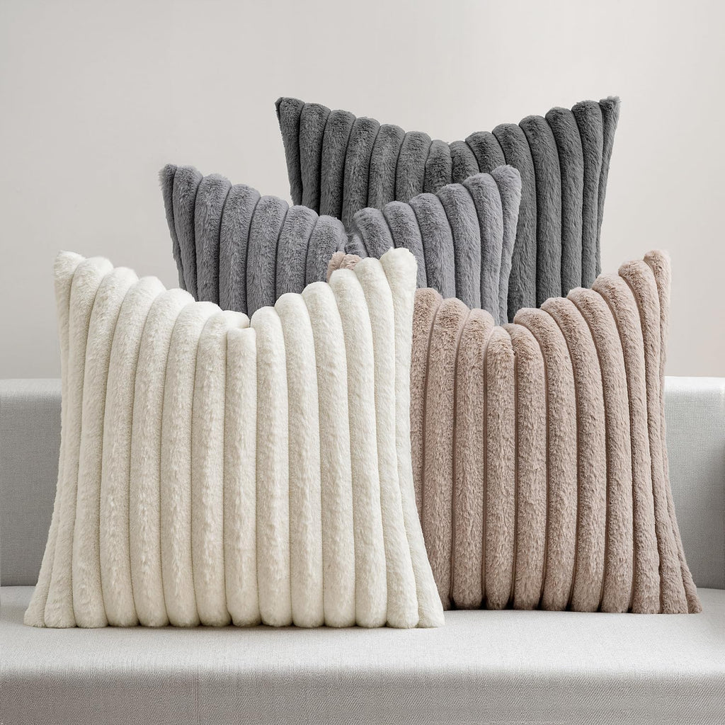 Miulee Faux Fur Plush Decorative Throw Pillow Covers 18x18 Set of 4, Boho Farmhouse Soft Fuzzy Striped Cushion Covers for Sofa Couch Bed Li…