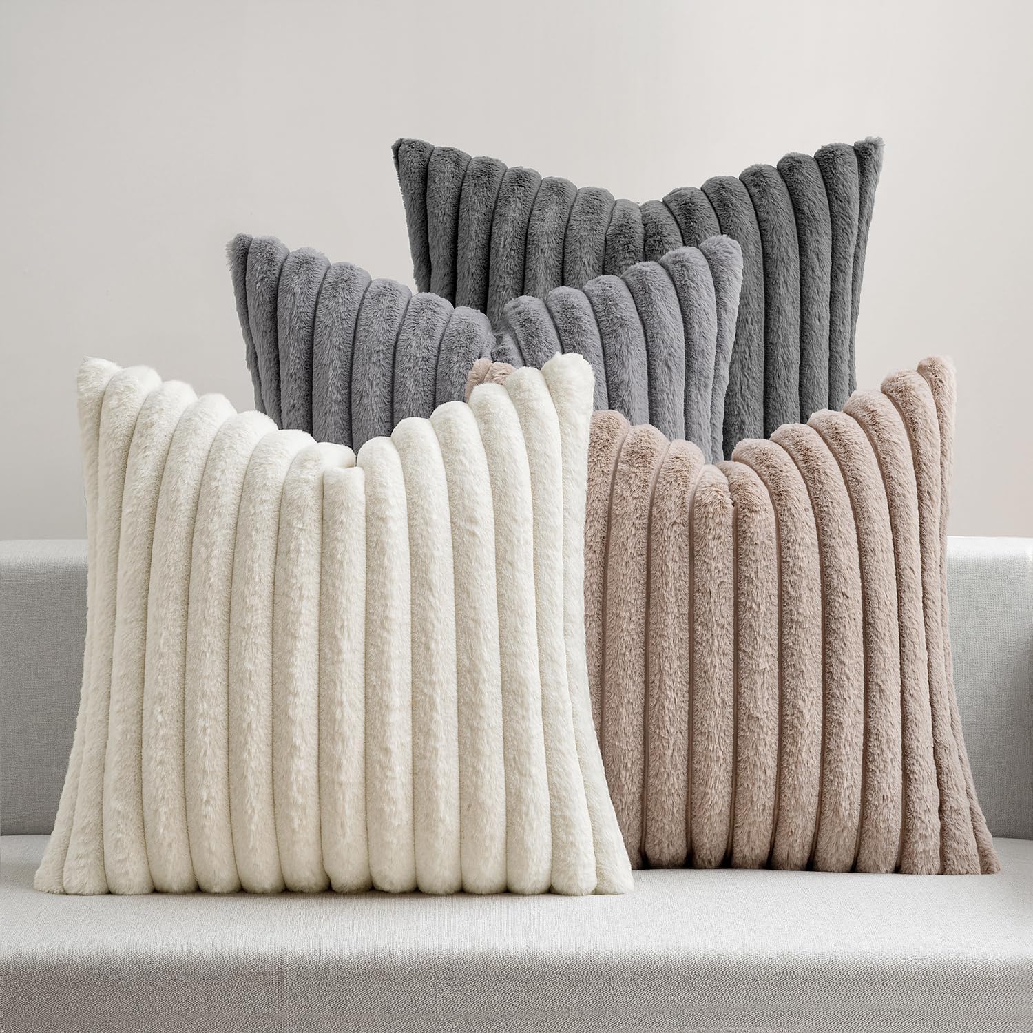 Miulee Faux Fur Plush Decorative Throw Pillow Covers 18x18 Set of 4, Boho Farmhouse Soft Fuzzy Striped Cushion Covers for Sofa Couch Bed Li…