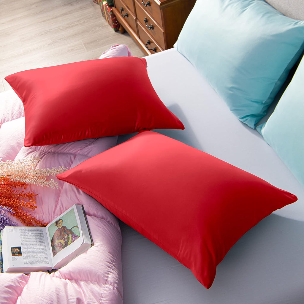 Ntbay Zippered Satin Pillow Cases for Hair and Skin, Luxury Standard Hidden Zipper Pillowcases Set of 2, 20x26 Inches, Red 26 Inches Red