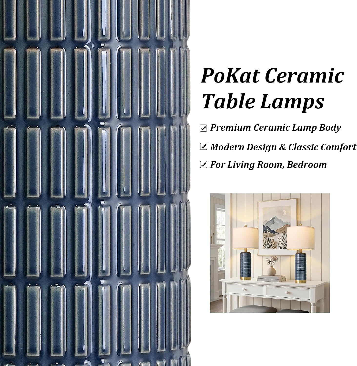 PoKat 25'' Blue Table Lamps for Bedroom Living Room Set of 2, Modern Ceramic Bedside Lamps with Gold Base for Office Sideboard Entryway…
