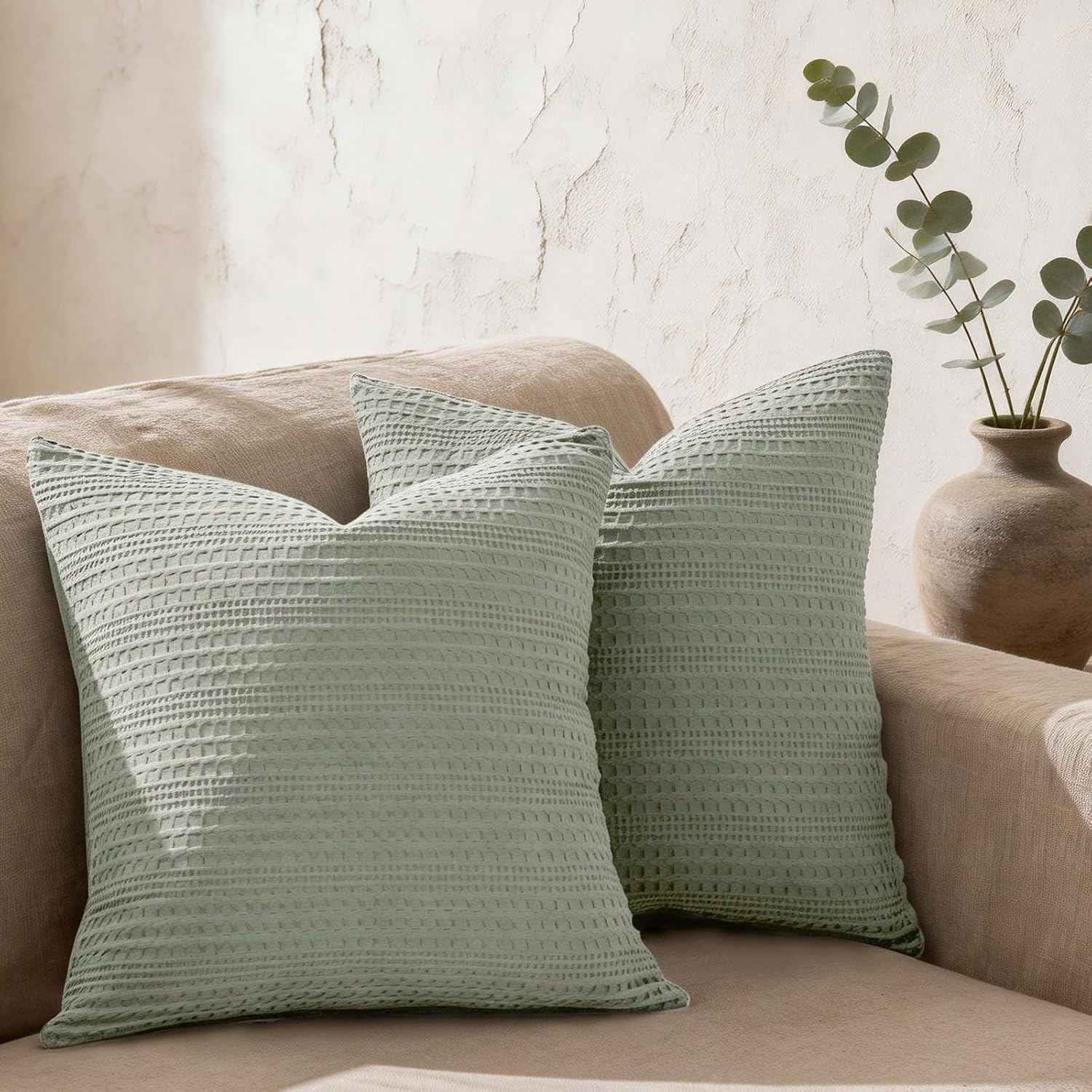 Cocoploceus Sage Green Pillow Covers 18x18 Boho Throw Pillow Covers Set of 2 Decorative Pillow Shams Stone Washed Cotton Pillowcase for Cou…