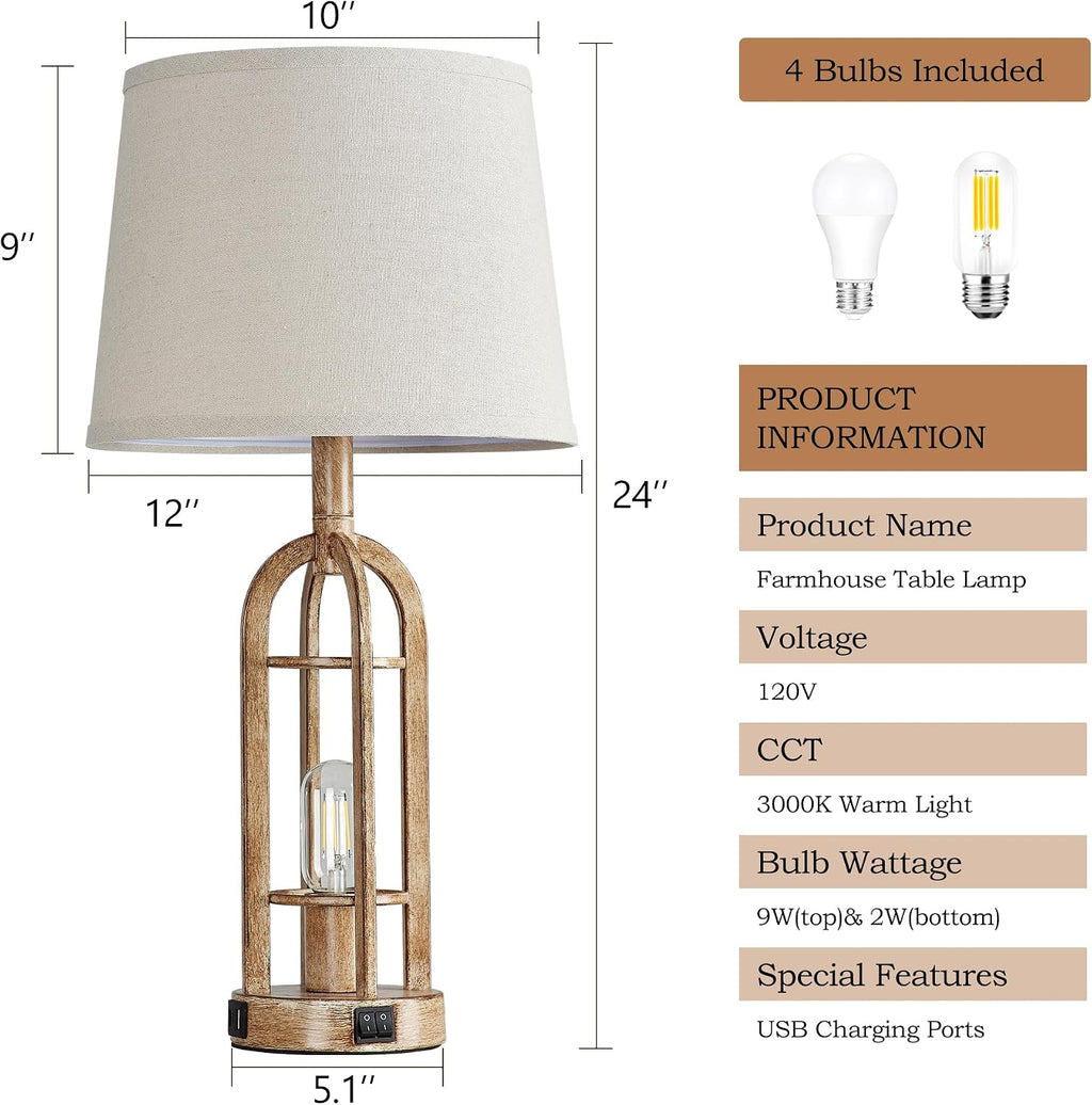 SRJJA Table Lamps for Living Room End Table Set of 2 - Rustic Farmhouse Bedside Lamps for Bedroom Nightstand with Nightlight and USB A+C…