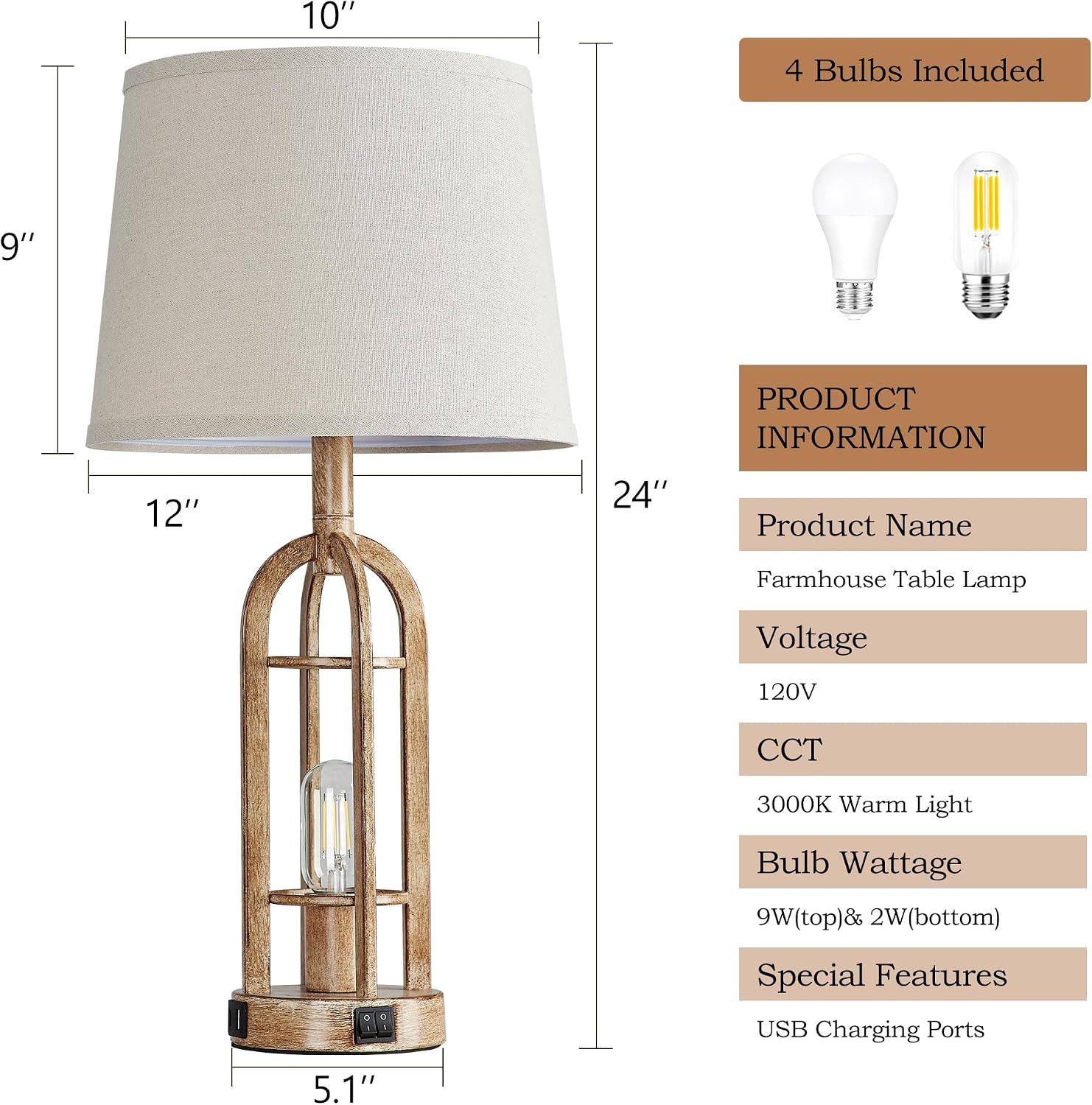 SRJJA Table Lamps for Living Room End Table Set of 2 - Rustic Farmhouse Bedside Lamps for Bedroom Nightstand with Nightlight and USB A+C…