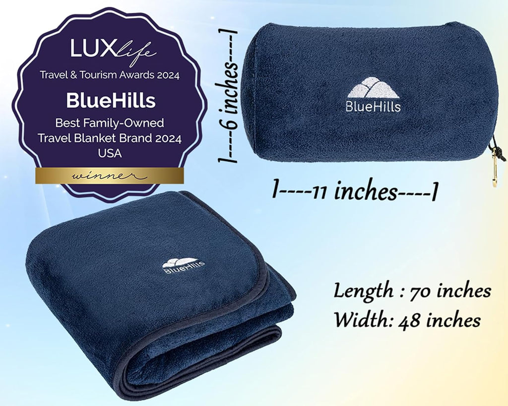 BlueHills Travel Blanket Pillow Rolled Premium Soft Plush Airplane Throw Traveling Essential Gift Compact in a Bag 70 X 48 inches Long…
