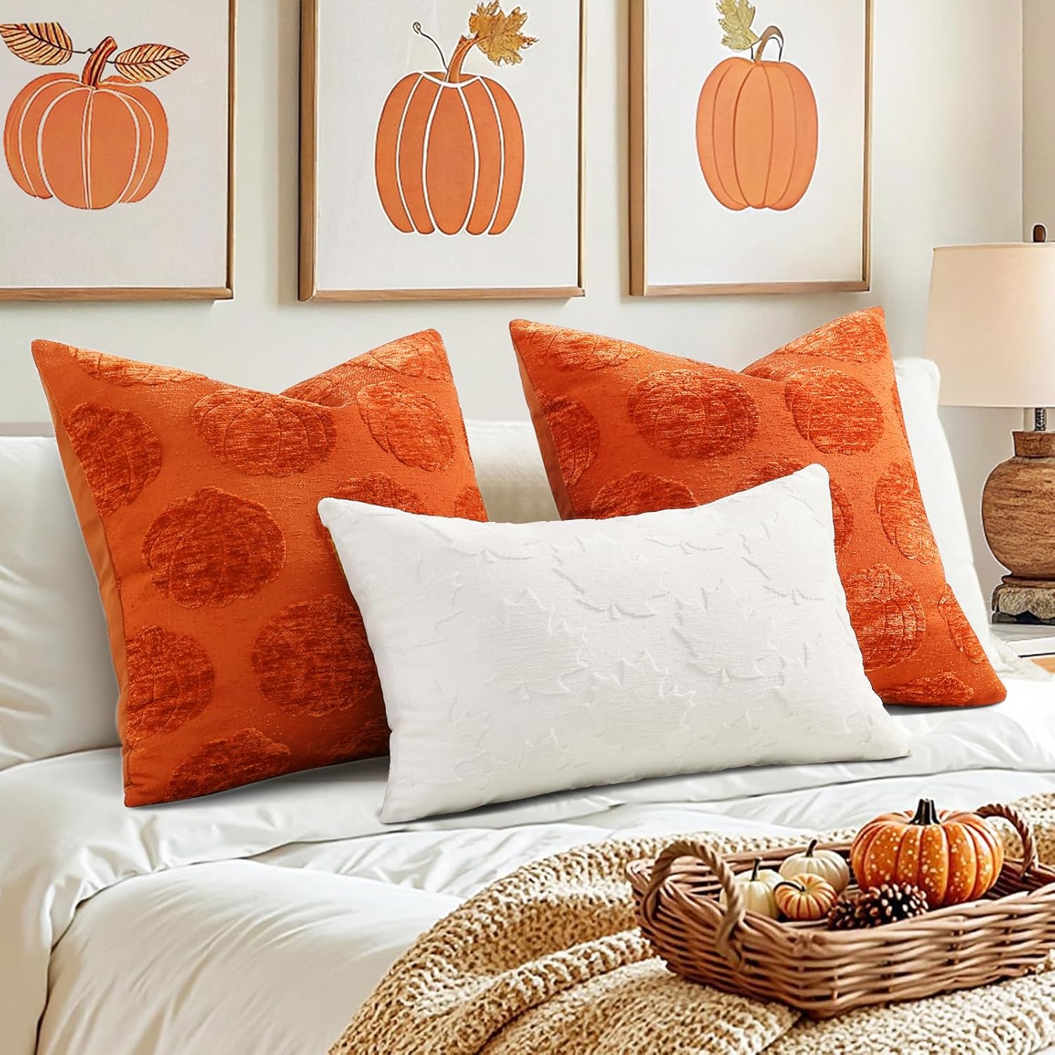 decorUhome Decorative Rust Pumpkin Thanksgiving Throw Pillow Covers 20x20 Set of 2, Soft Chenille Jacquard Farmhouse Textured Pillow…