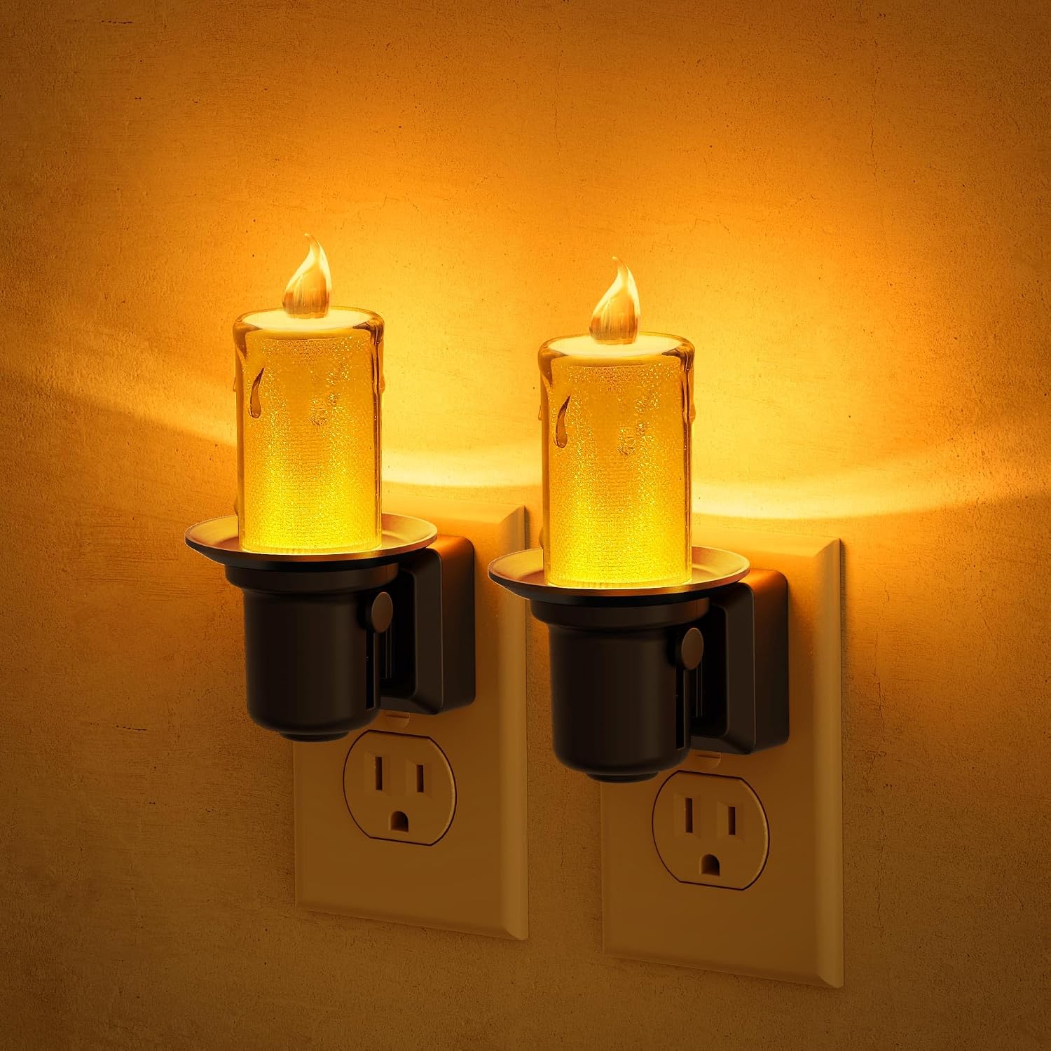 JandCase Night Lights Plug into Wall, 2 Pack Flameless Candle Night Light, 2000K Amber, Dusk to Dawn Sensor Nightlight, 0-100LM Dimmable…