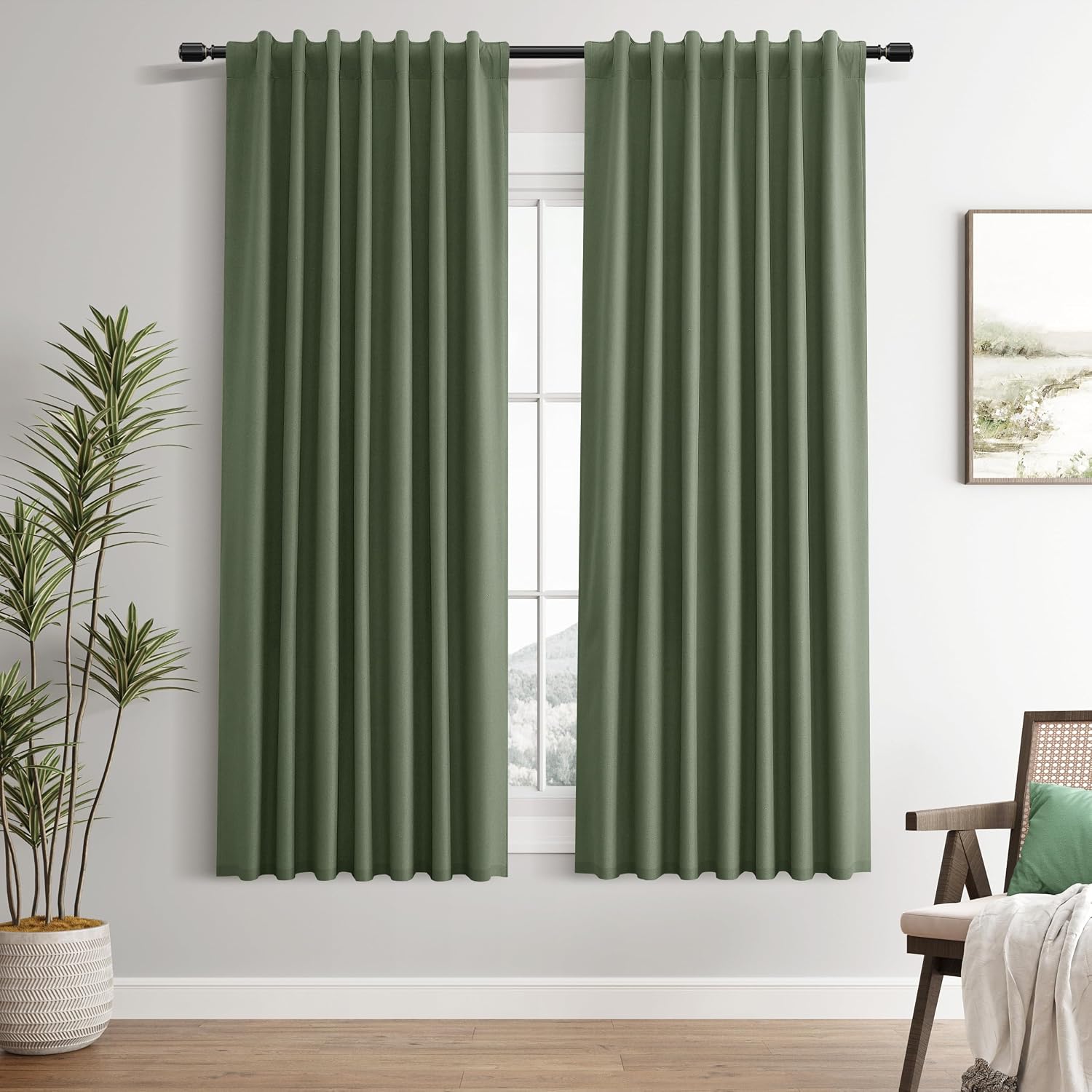 Guken Olive Green Linen 100% Blackout Curtains 63 Inch Length Back Tab Elegant Home Decor Room Darkening Black Out Insulated Door Privacy C…
