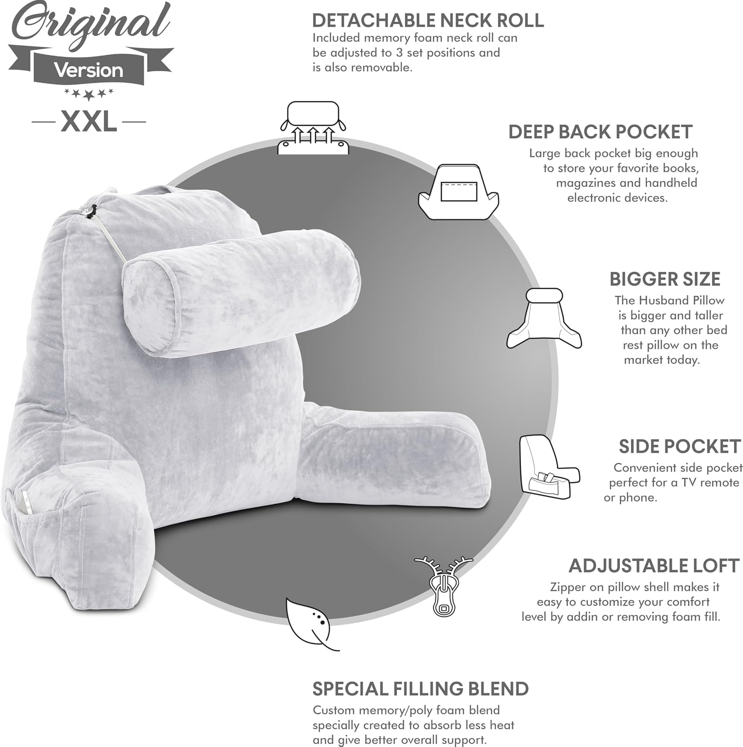 Husband Pillow XXL The Original for Adults - 30" Tall Backrest for Sitting Up in Bed - Firm Support Reading & Bed Rest Pillows for…