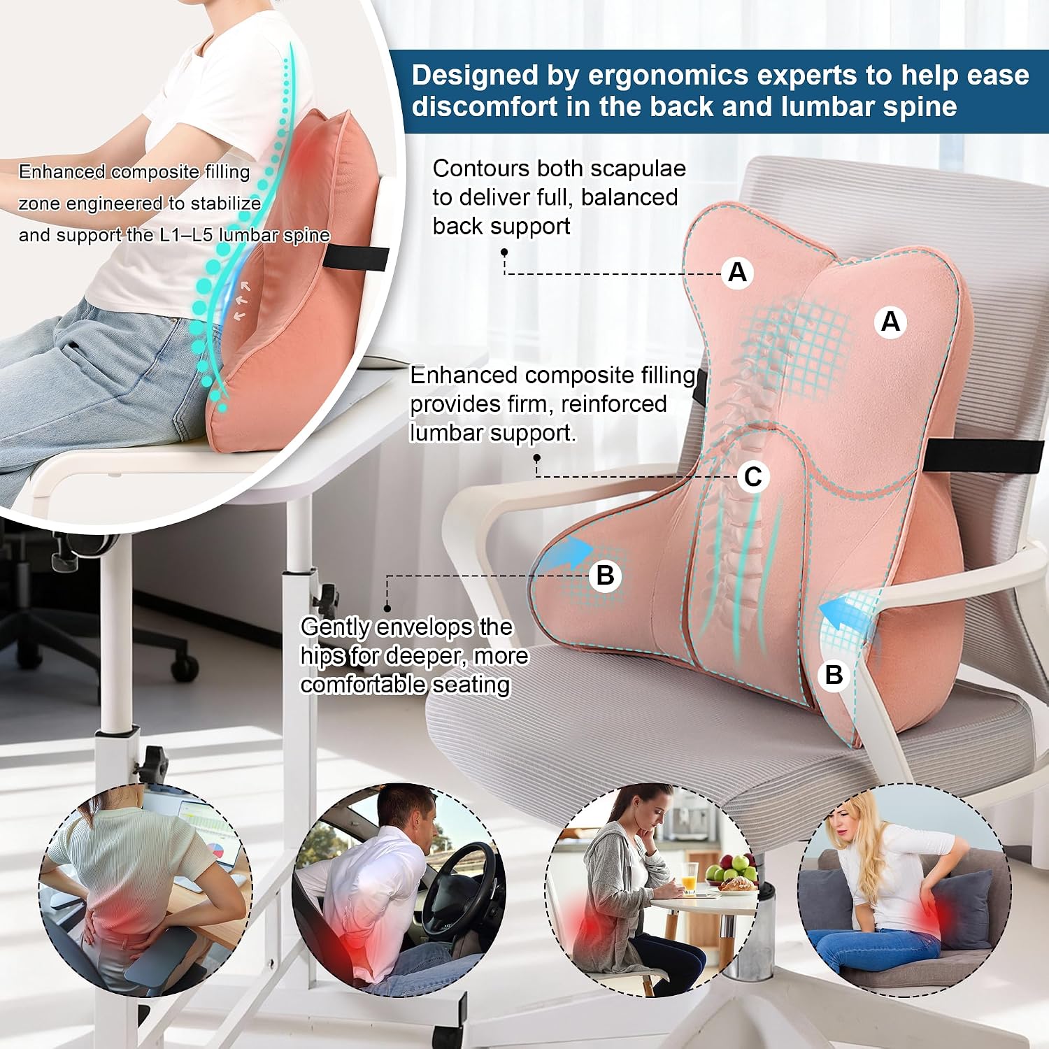 Ailuteie Lumbar Support Pillow (Pat. Pend) for Office Chair, Couch, Recliner & Car Seat, Ergonomic Back Support Cushion for Lower Back, Wa…