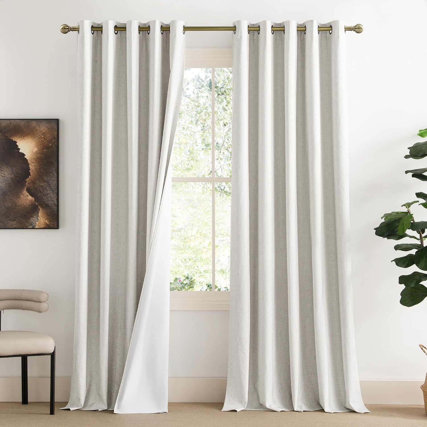NICETOWN Extra Long Linen 100% Blackout Curtains 102 inches Length 2 Panels Set with Thermal Insulated Liners, Ivory, 62" Width…