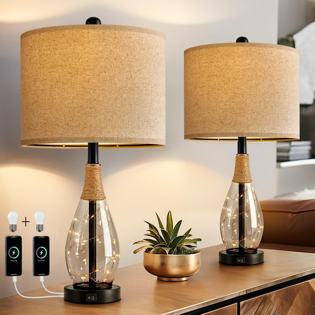 OYEARS 23" Table Lamps for Living Room Set of 2 Bedside Lamps for Night Stands Bedroom Lamps Farmhouse Rattan Boho Lamp Glass Nightlight…